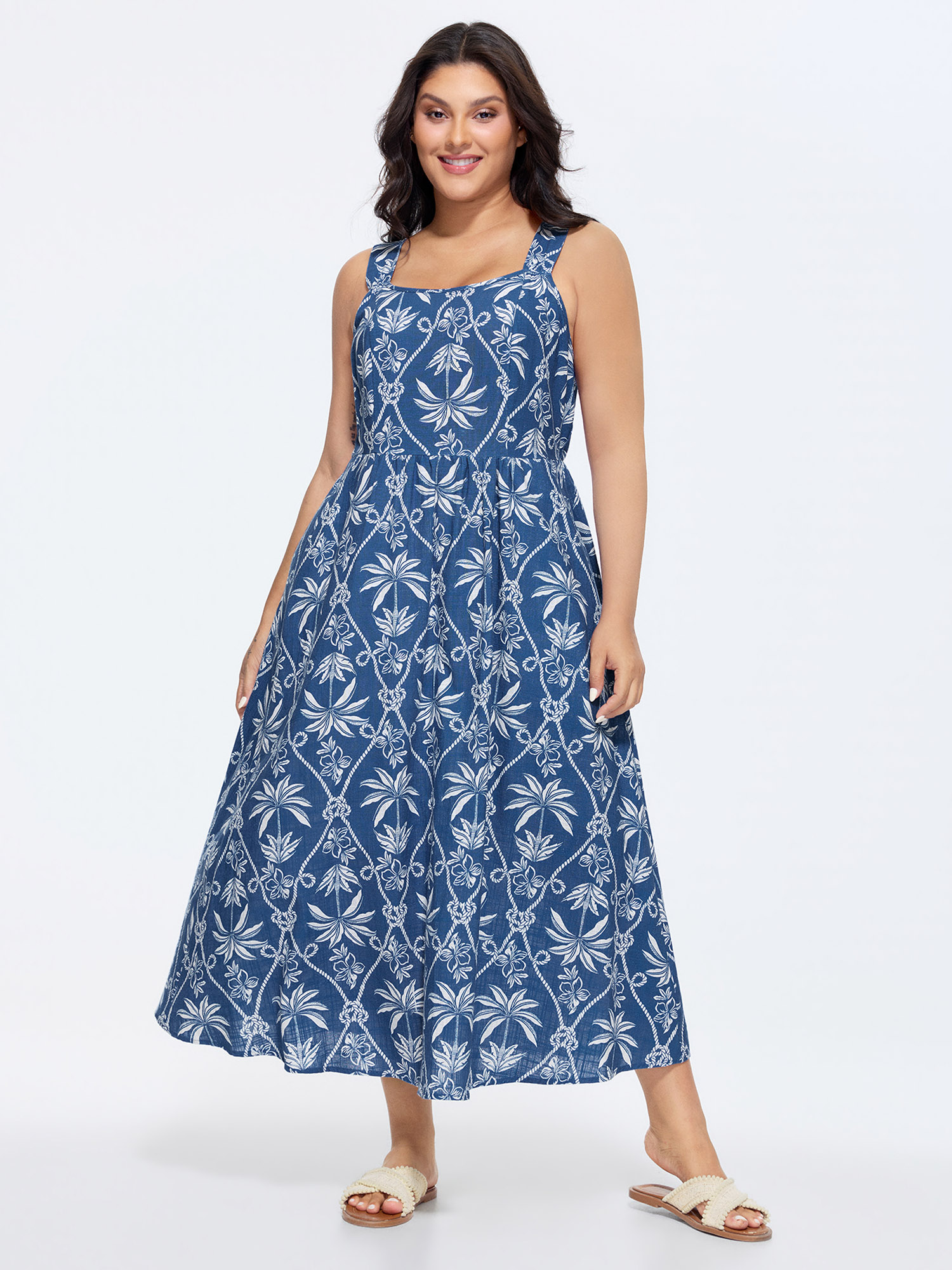 BloomChic Plus Size Cotton Tropical Print Wide Straps Flowy Maxi Dress - Curve Ladies Mediumblue Resort Sleeveless Palm Side Pocket Daily Dresses 16/L