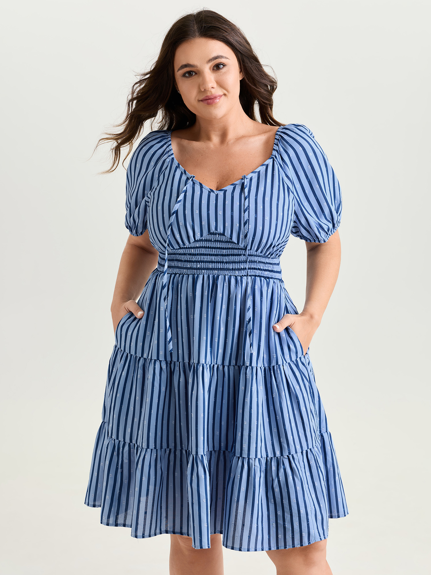 BloomChic Women's Plus Size Striped Print Neck-Tie Tiered Mini Dress Skyblue Stripes Knee Length Casual Smocked 30/6X