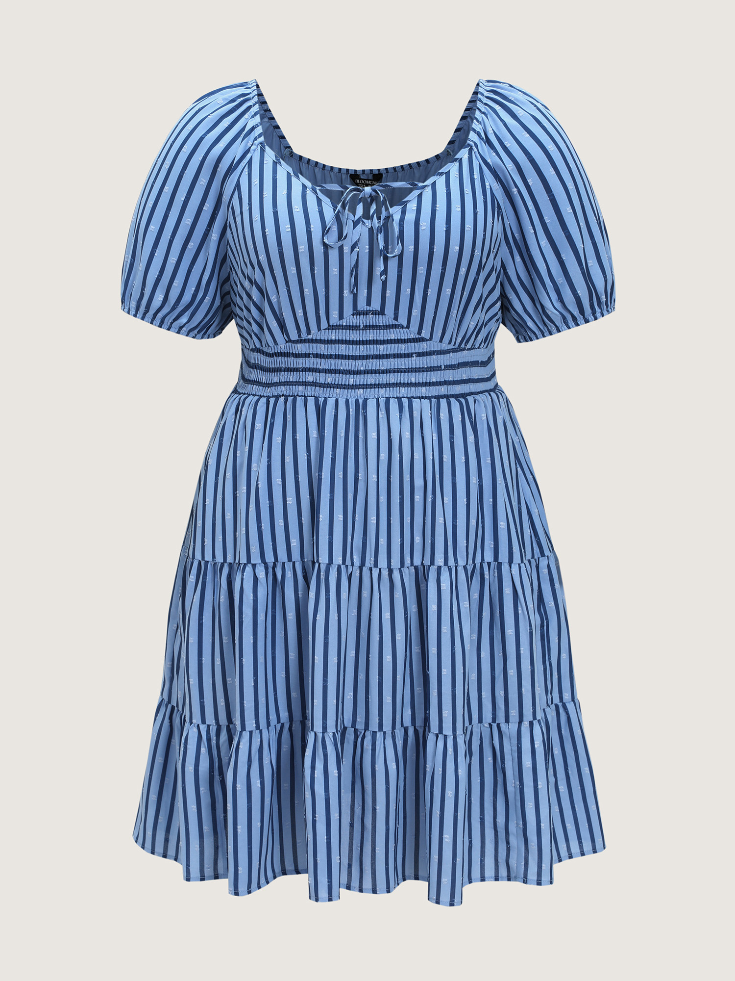 Side view of BloomChic Women's Plus Size Striped Print Neck-Tie Tiered Mini Dress Skyblue Stripes Knee Length Casual Smocked 30/6X