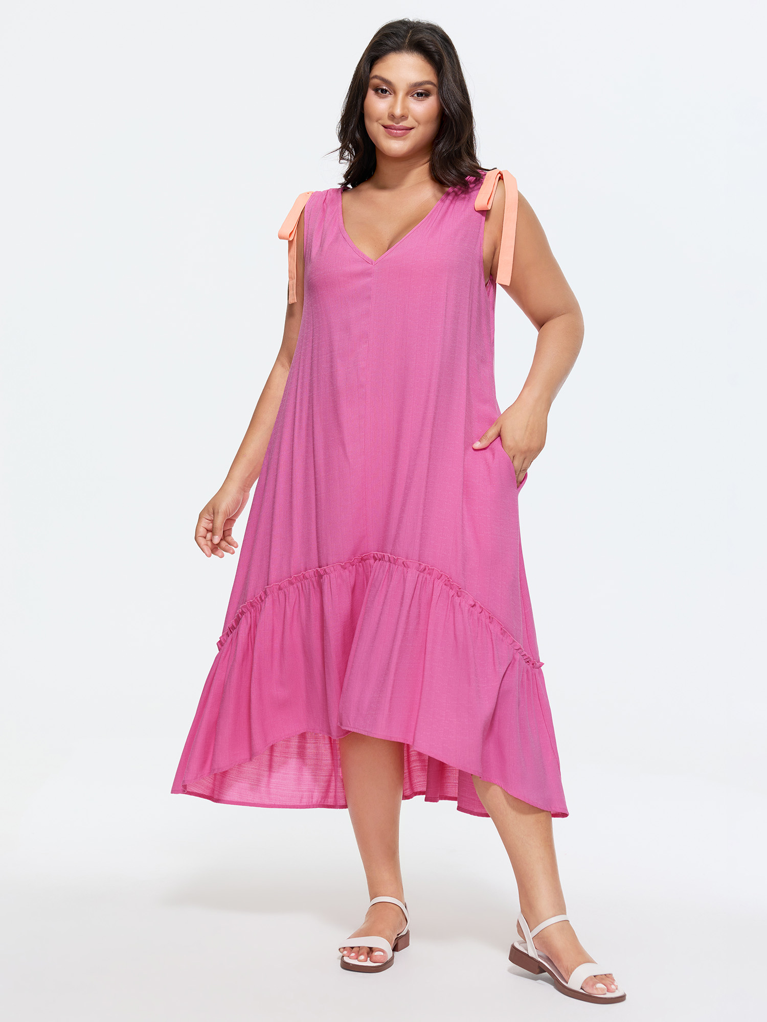 BloomChic Women's Plus Size Cotton Ribbon Shoulder Tie V-Neck Flowy Midi Dress Blush Solid Tunic Everyday-Casual Lace-Up 22-24/3X