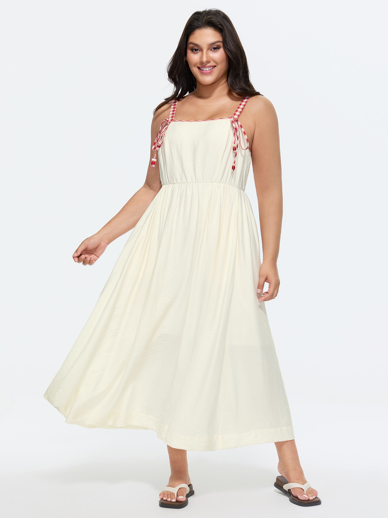 BloomChic Plus Size Cotton Color Contrast Shoulder Tie Maxi Dress - Curve Ladies Ivory Leisure Sleeveless Solid Side Pocket Daily Dresses 22-24/2X