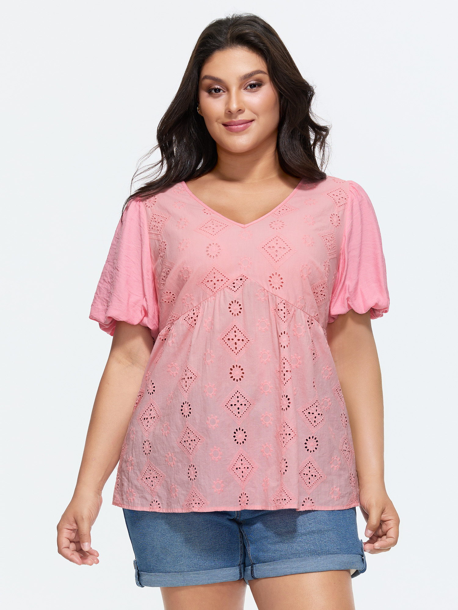 BloomChic Plus Size Cotton Eyelet Embroidered V-Neck Bubble Sleeve Blouse - Women's Blush Solid V-Neck Short sleeve Leisure Blouses 32/5X