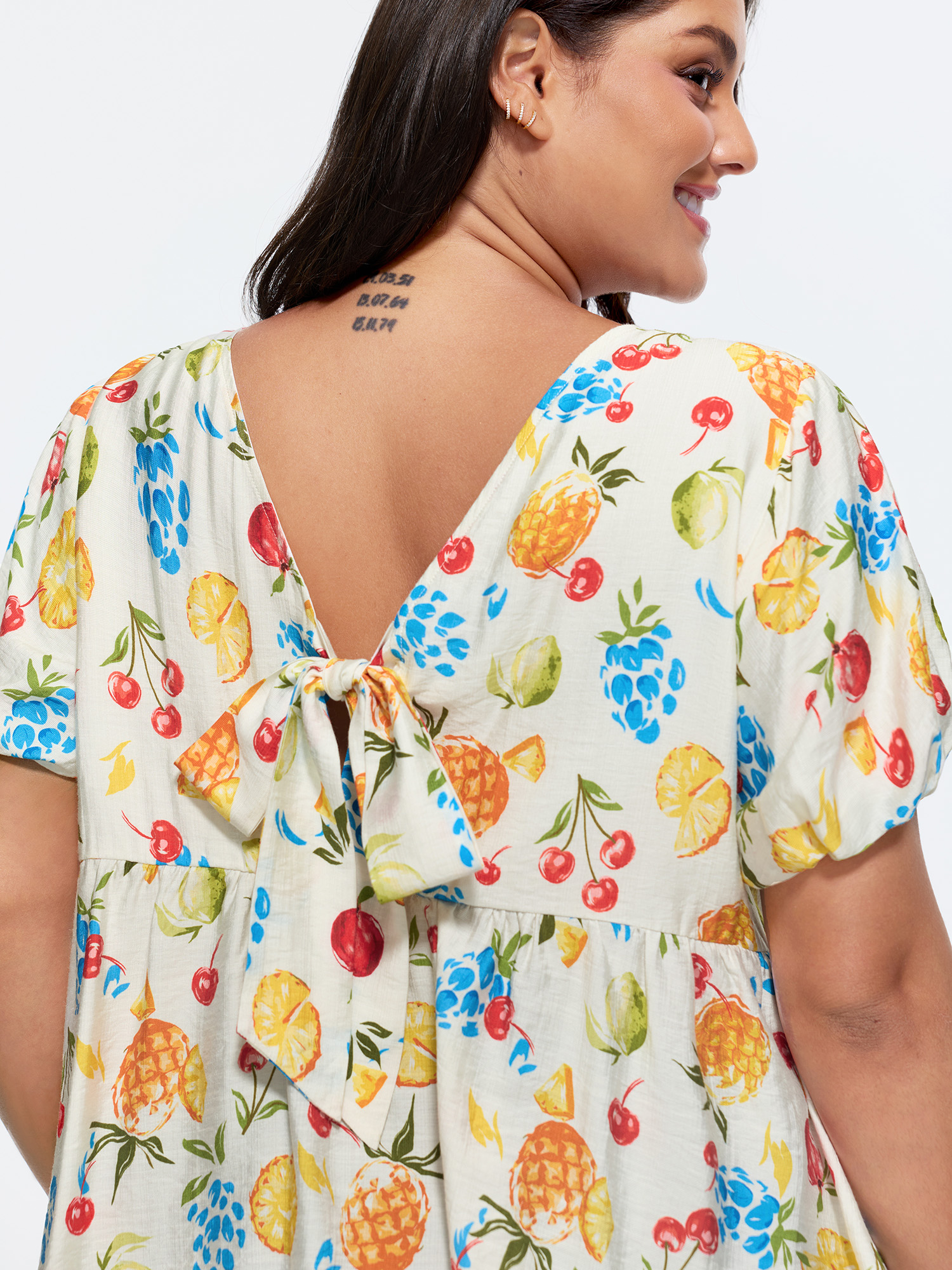 BloomChic Plus Size Fruit Print Bowknot Pleated Neckline Blouse - Women's WhiteSmoke Fruit Round Neck Short sleeve Playful Blouses 32/5X