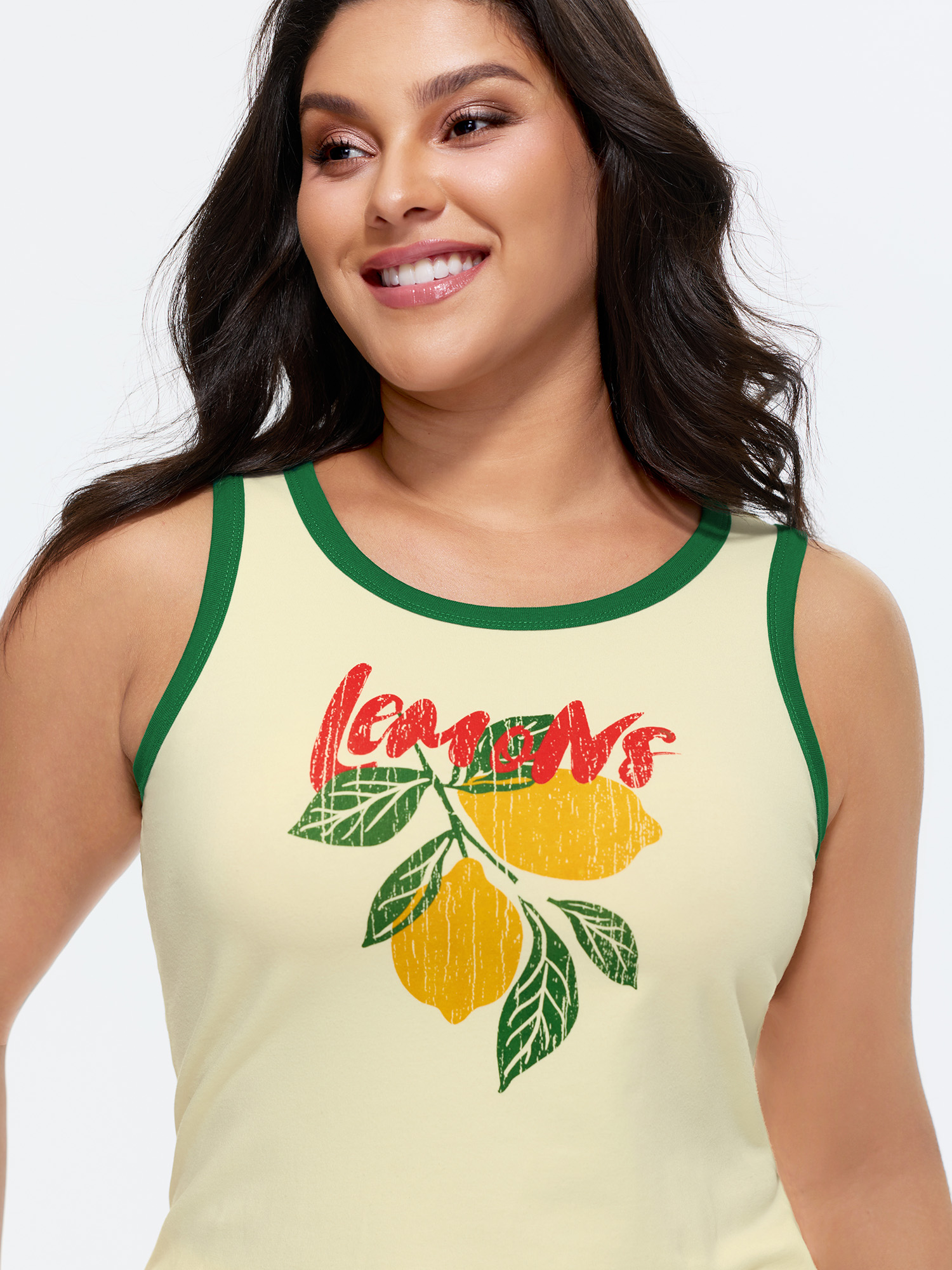 Bloomchic Women's Plus Size Cotton Lemon Print Scoop Neck Tank Top Beige Casual Fitted Sheath Round Neck 10/m In Sand