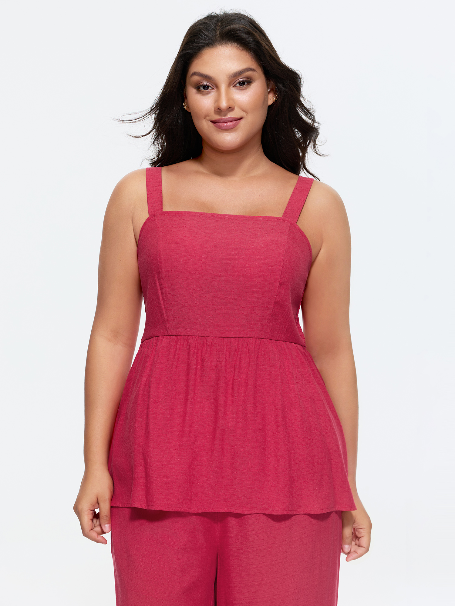 BloomChic Women's Plus Size Fit And Flare Plain Shirred Tank Top Brightred Everyday-Casual A-line Square Neck 10/M