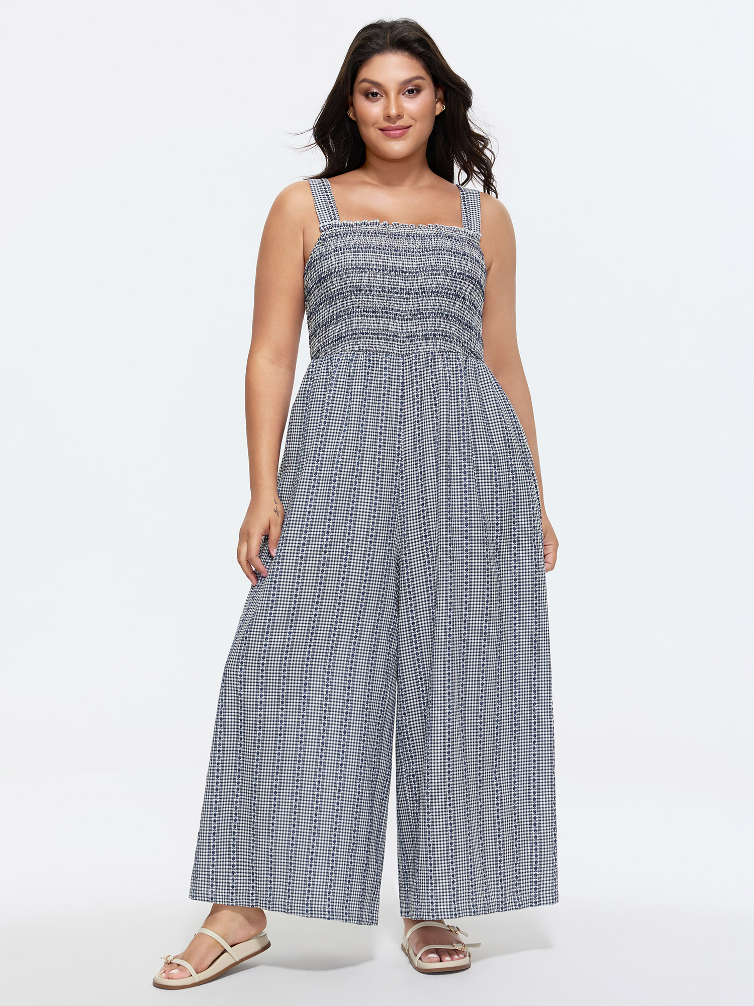 BloomChic Women's Plus Size Striped Print Shirred Wide-Straps Jumpsuit Indigo Casual 26/4X-image-48311255138474