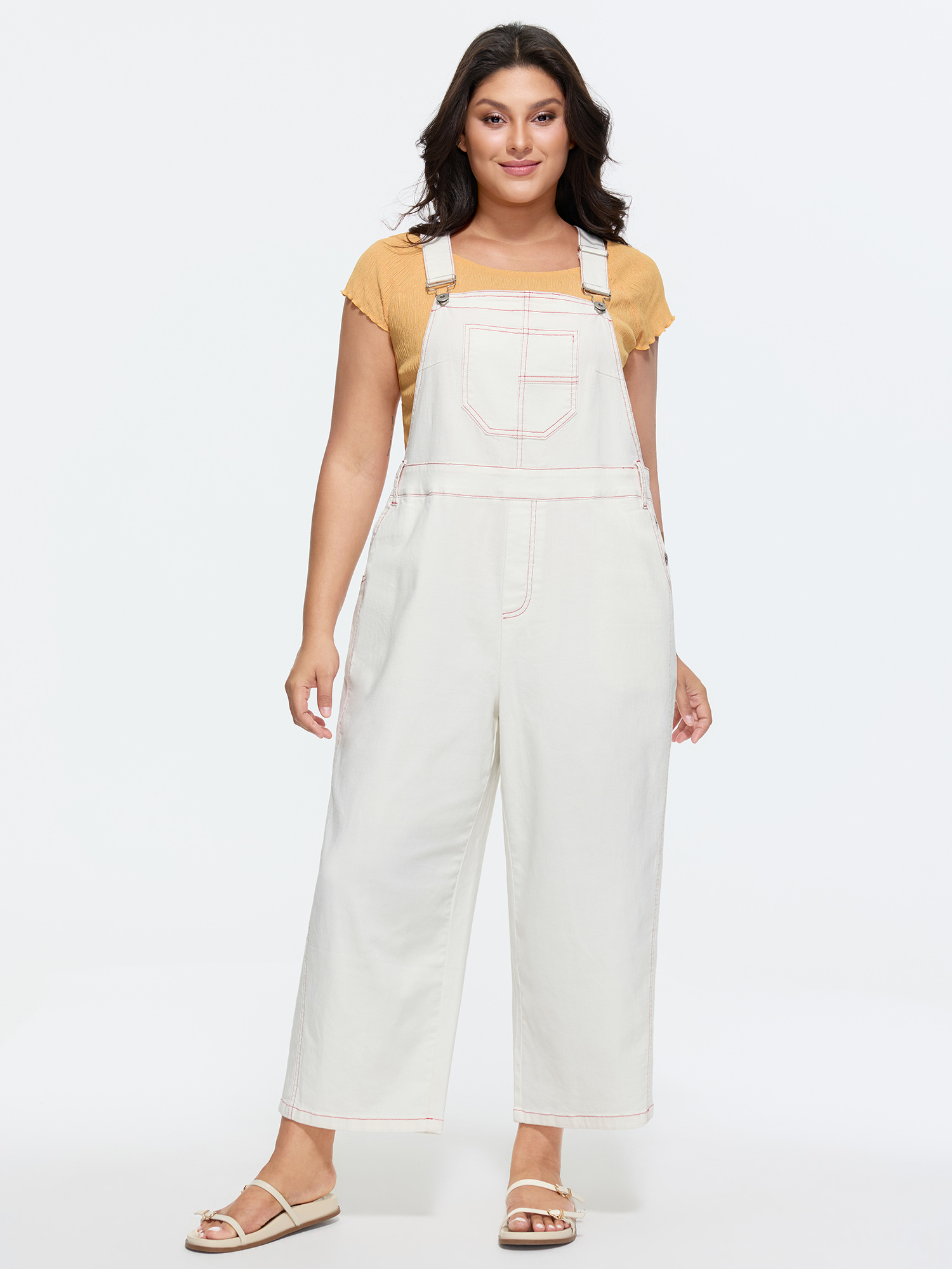 BloomChic Women's Plus Size Cotton Adjustable Color Contrast Overall Jumpsuit Originalwhite Casual 30/6X-image-48311274045610