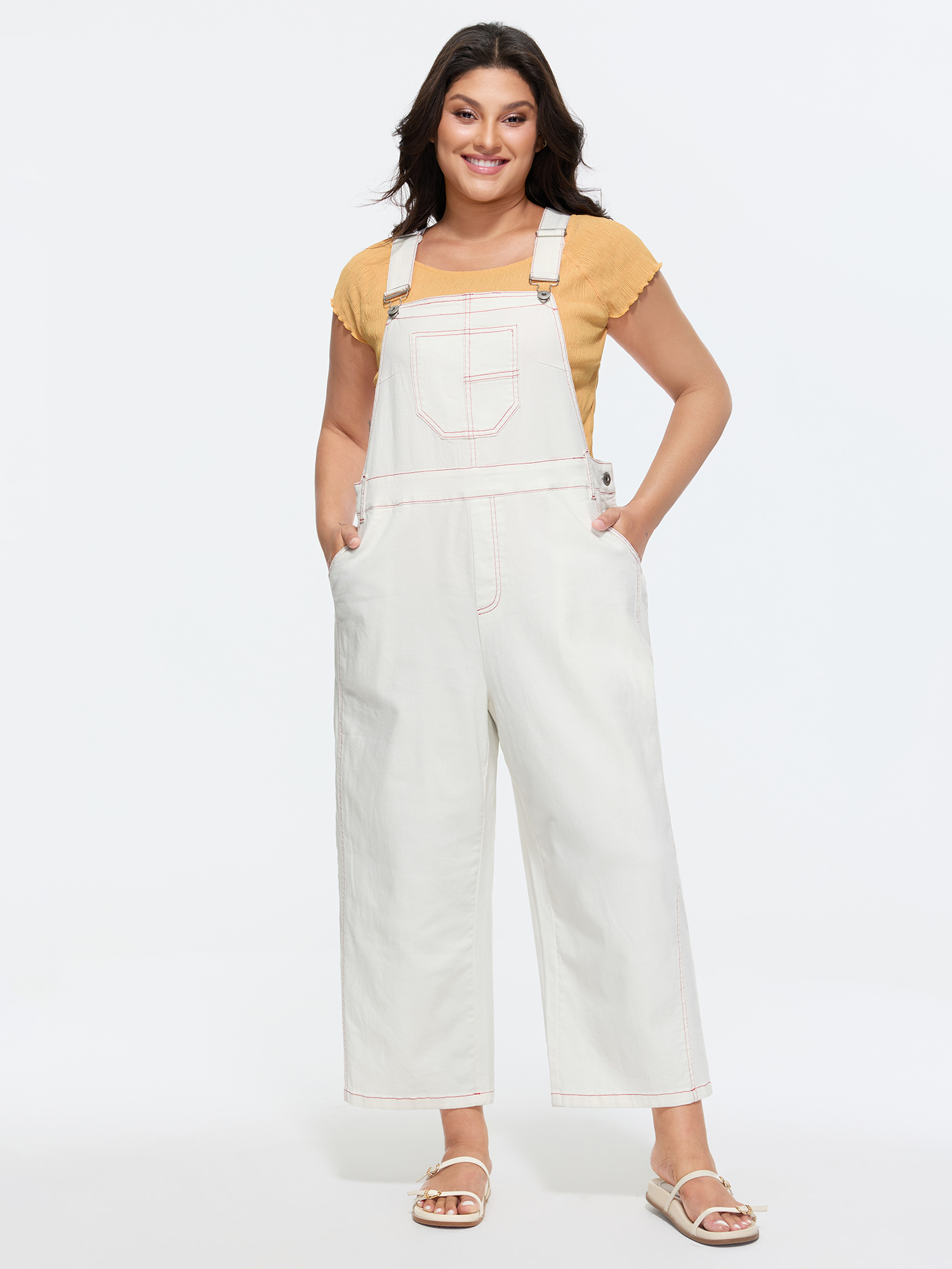Side view of BloomChic Women's Plus Size Cotton Adjustable Color Contrast Overall Jumpsuit Originalwhite Casual 10/M