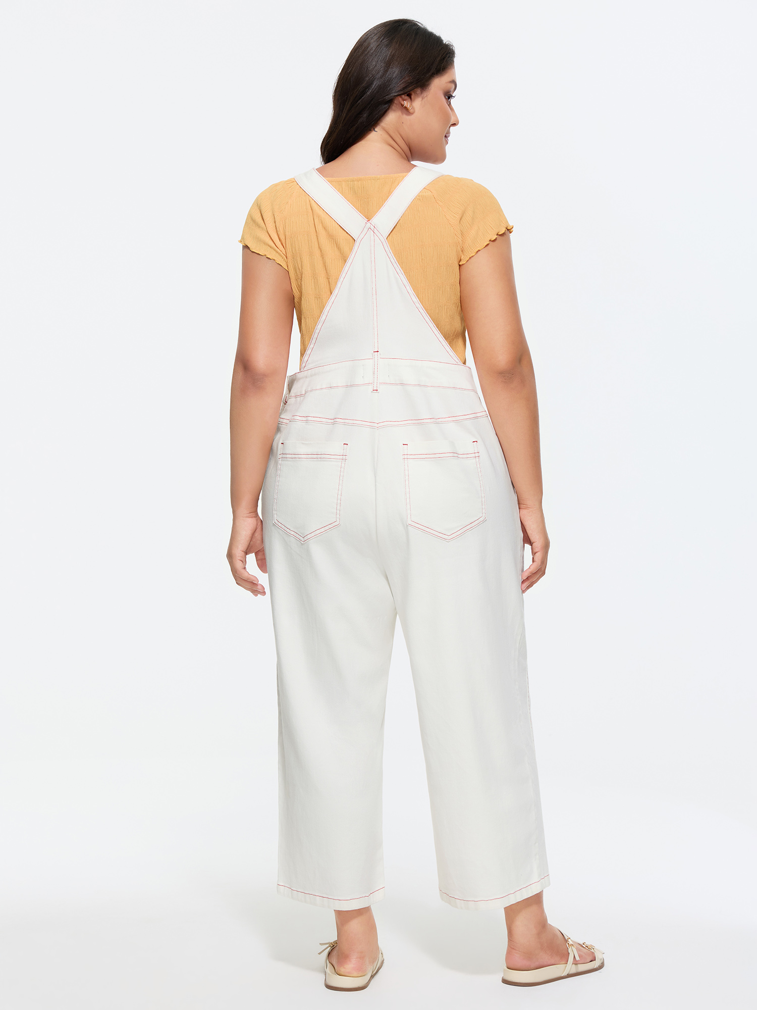 Side view of BloomChic Women's Plus Size Cotton Adjustable Color Contrast Overall Jumpsuit Originalwhite Casual 10/M