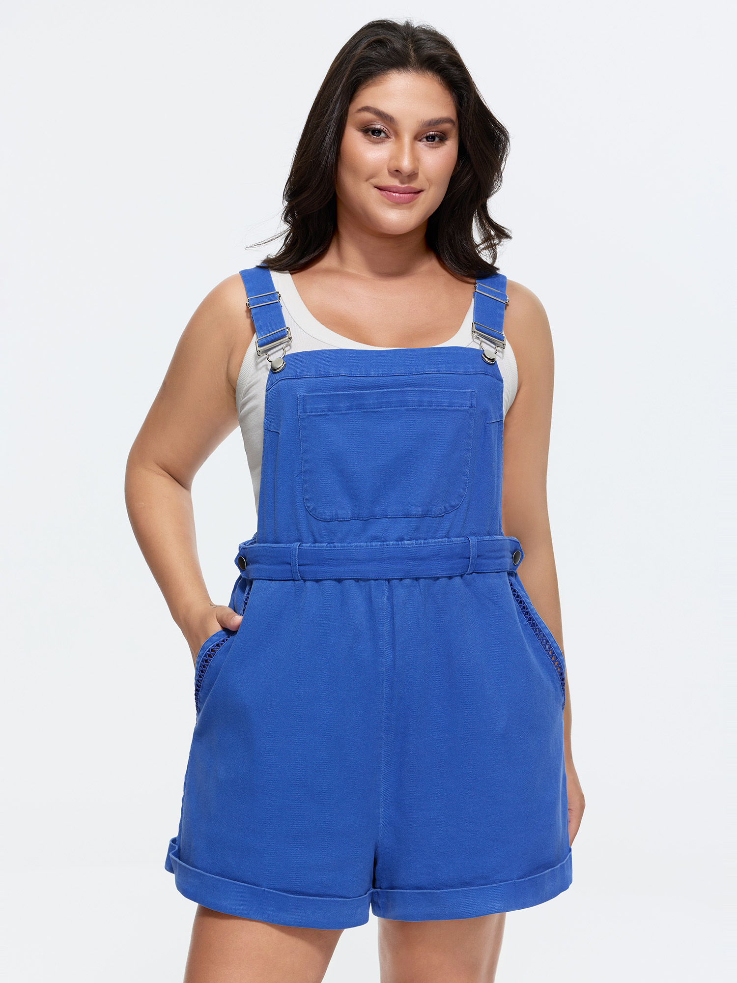 BloomChic Women's Plus Size Cotton Overall Pockets Folded Hem Romper Brightblue Casual 28/5X-image-48318447485098
