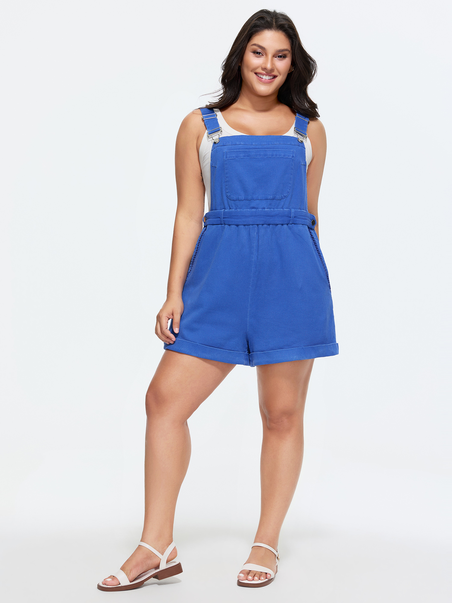 Side view of BloomChic Women's Plus Size Cotton Overall Pockets Folded Hem Romper Brightblue Casual 12/L