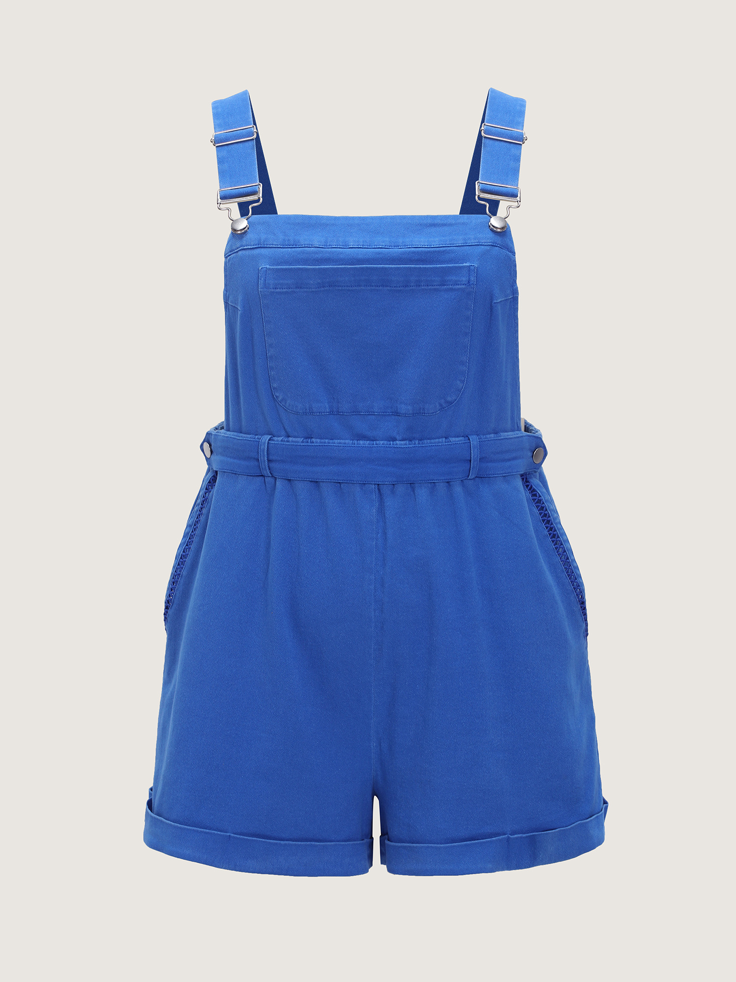 Side view of BloomChic Women's Plus Size Cotton Overall Pockets Folded Hem Romper Brightblue Casual 12/L