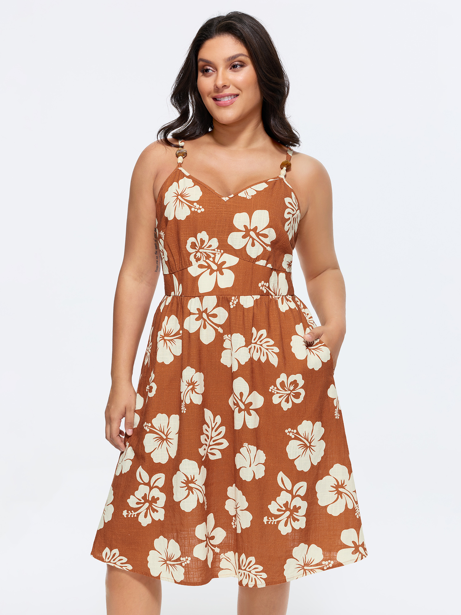 BloomChic Plus Size Cotton Floral Print Sweetheart Neckline Midi Dress - Curve Ladies Yellowishbrown Leisure Sleeveless Floral Daily Dresses 26-28/3X