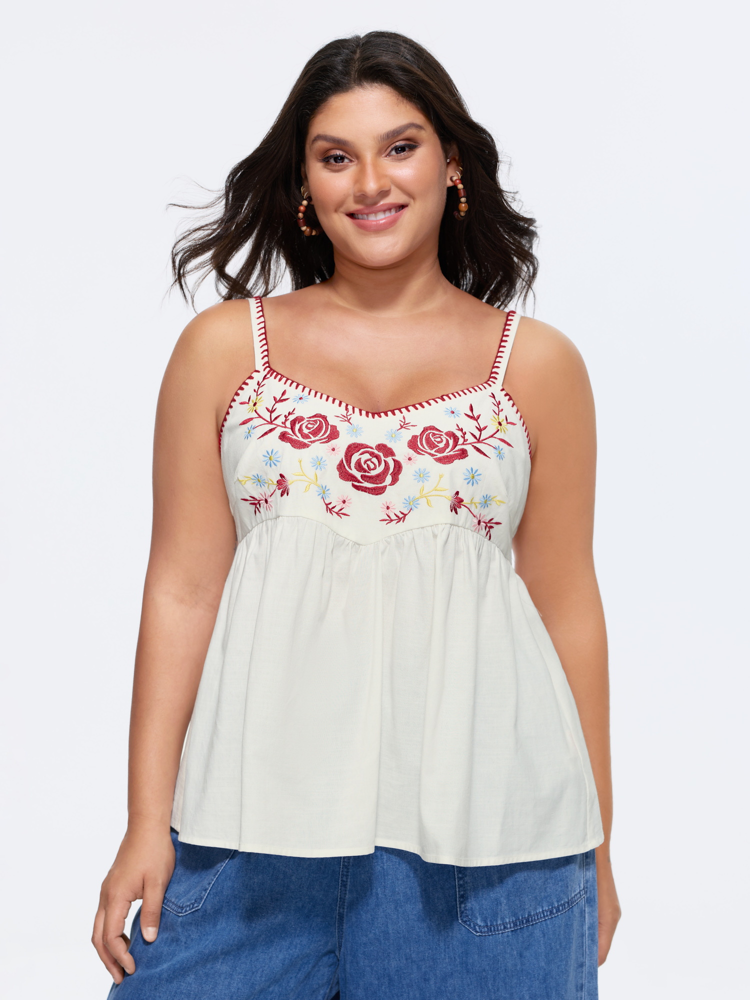 BloomChic Women's Plus Size Floral Embroidered Neckline Babydoll Top Ivory Vacation A-line V-Neck 30/6X