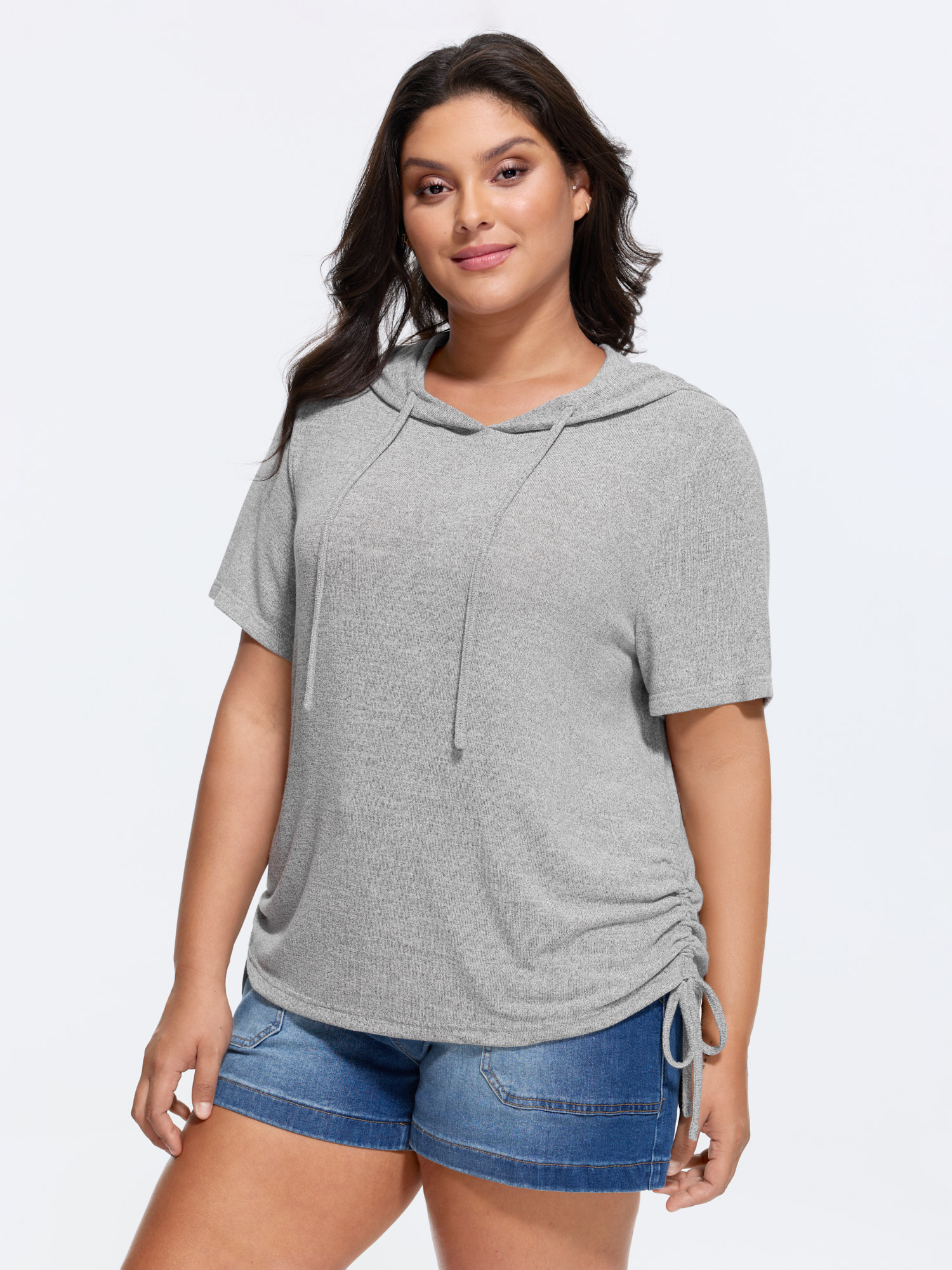 BloomChic Women's Plus Size Stretchy Hooded Drawstring Adjustable T-Shirt LightGray Solid Everyday-Casual Short sleeve Hooded Neck 10/M