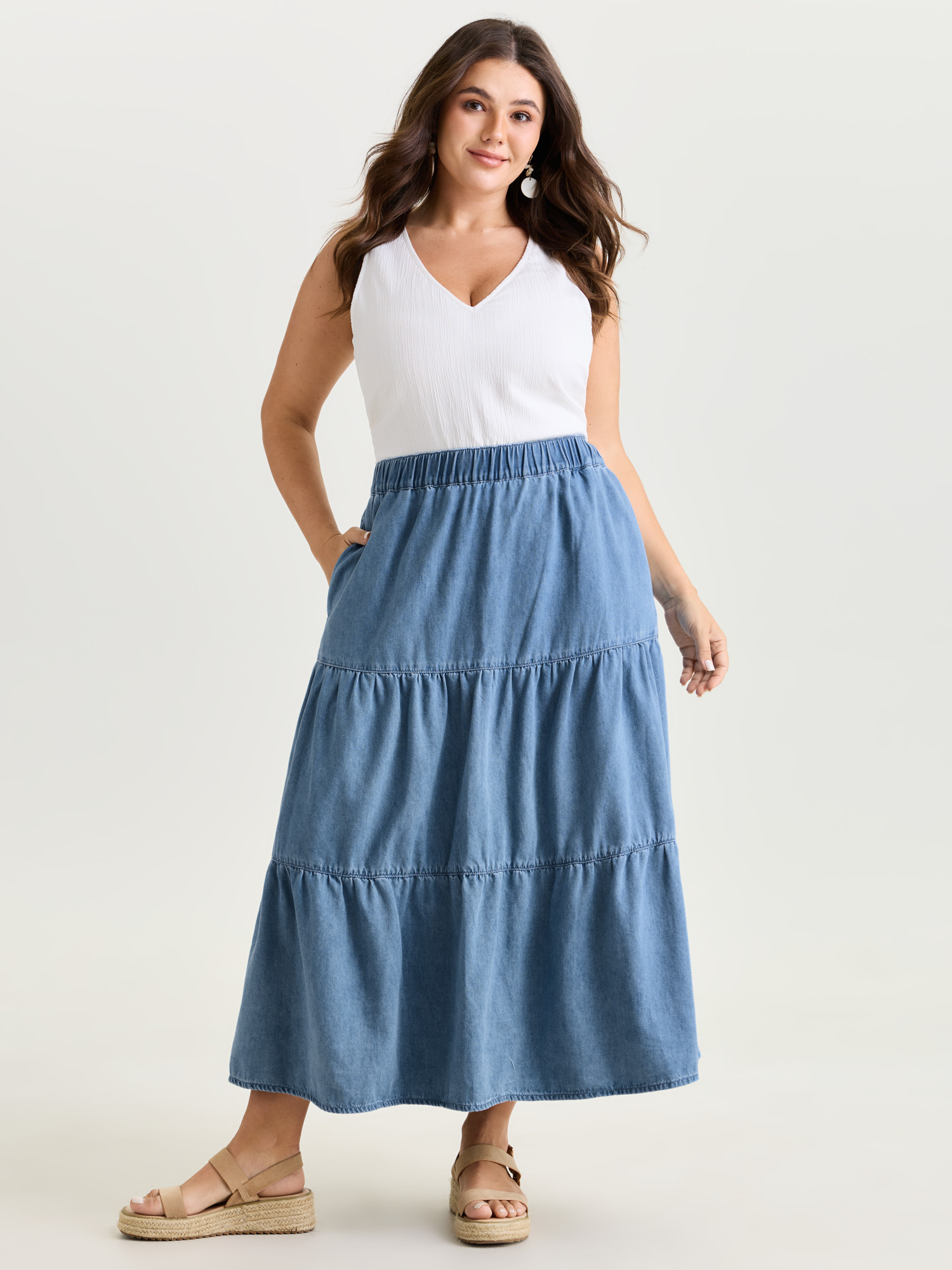 BloomChic Women's Plus Size Supersoft Tiered Maxi Denim Skirt Denimlightblue Non High Rise 30/6X