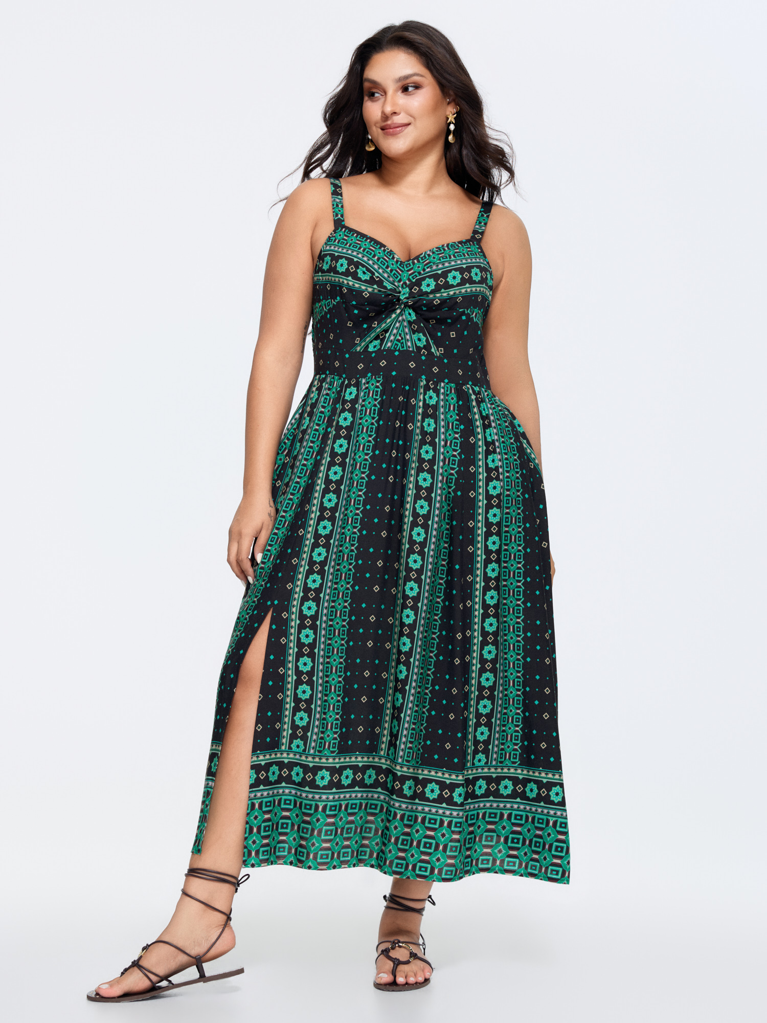 BloomChic Women's Plus Size Boho Print Color Contrast Cami Maxi Dress Teal Ethnic Floral Maxi Vacation 10/M