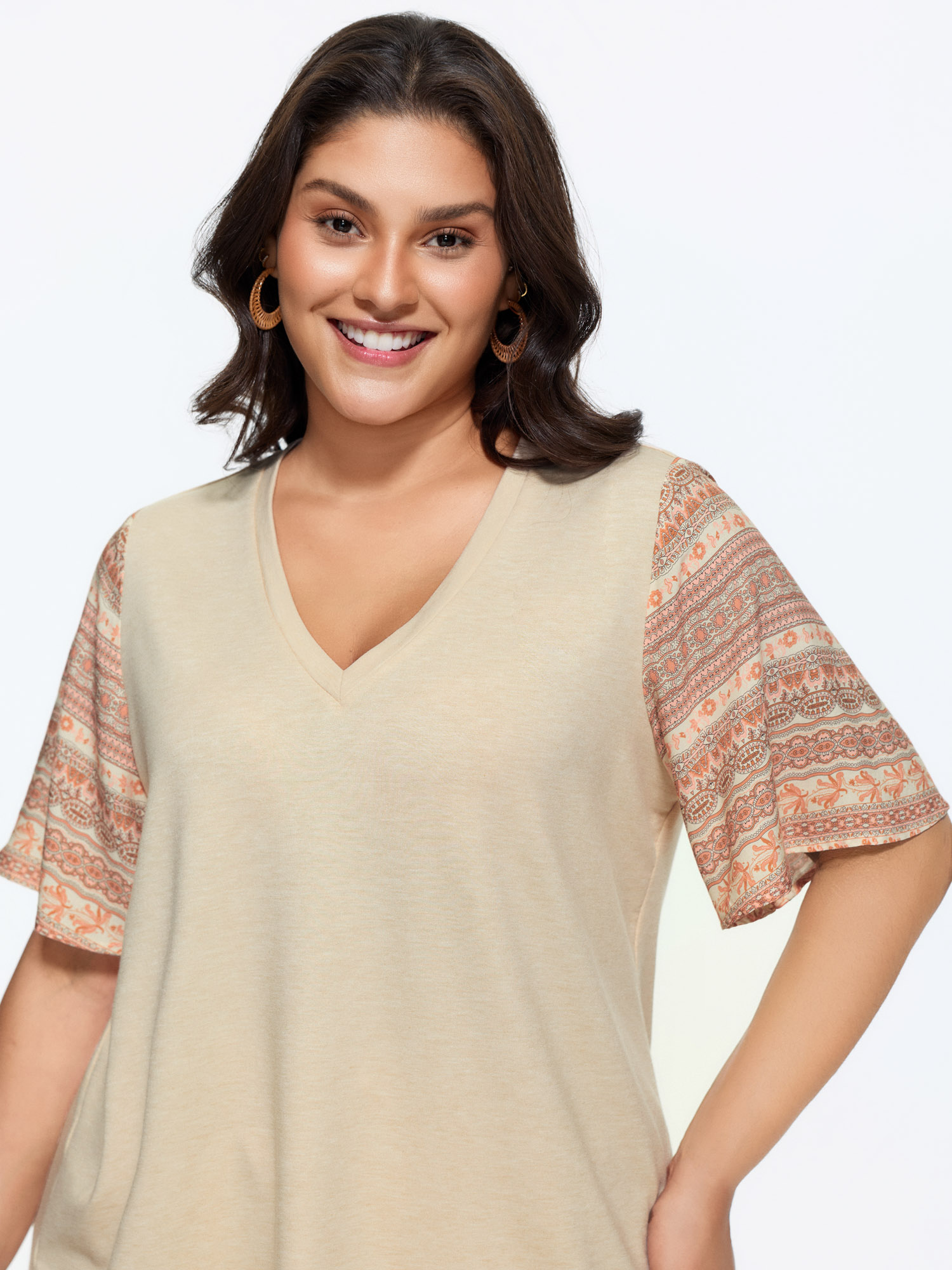 BloomChic Women's Plus Size Colorful Boho Sleeve V-Neck Blouse Apricot Vacation Short sleeve 10/M