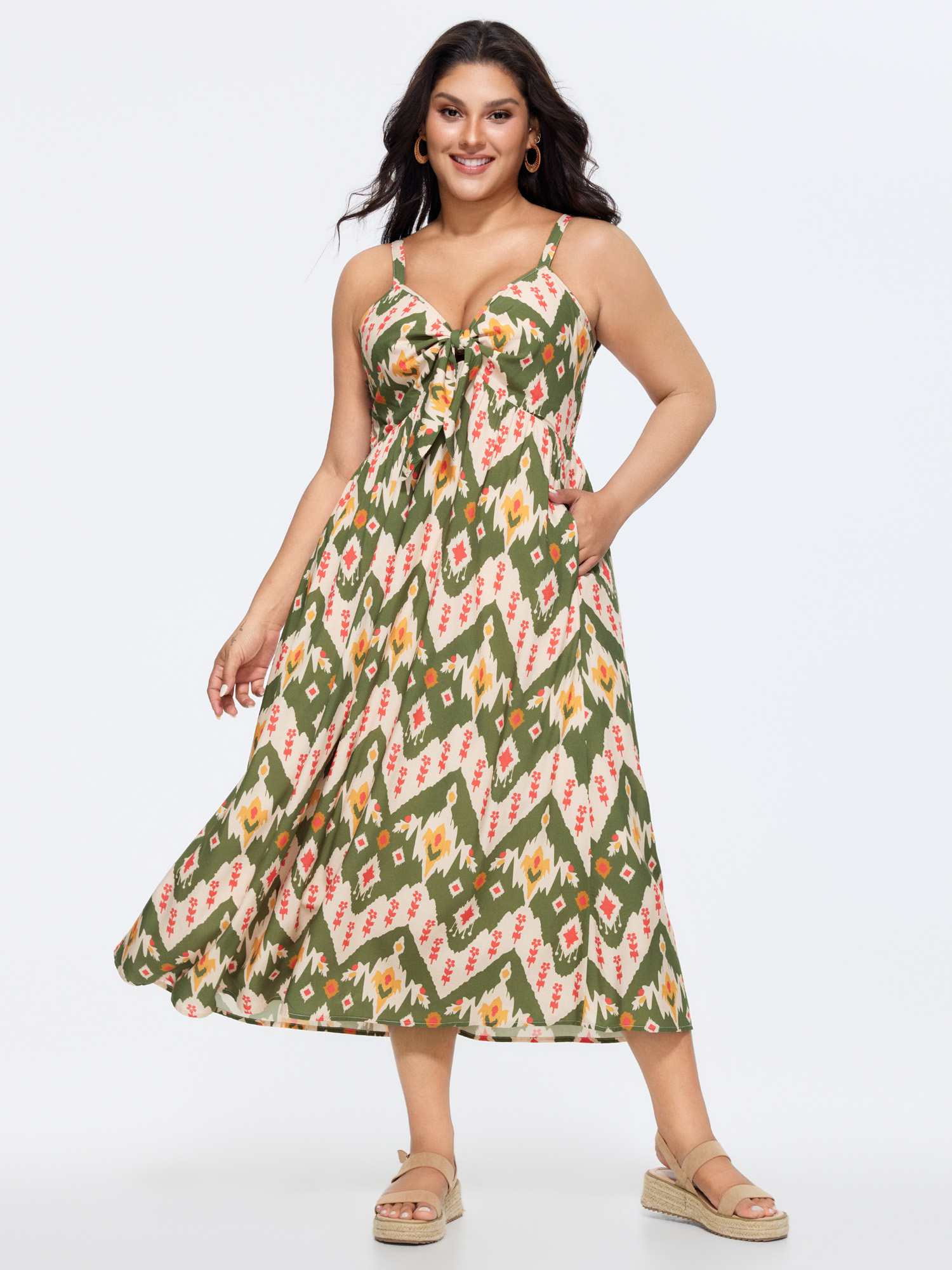 BloomChic Women's Plus Size Geometric Print Knotted Front Midi Dress Truegreen Abstract Length Vacation 12/L