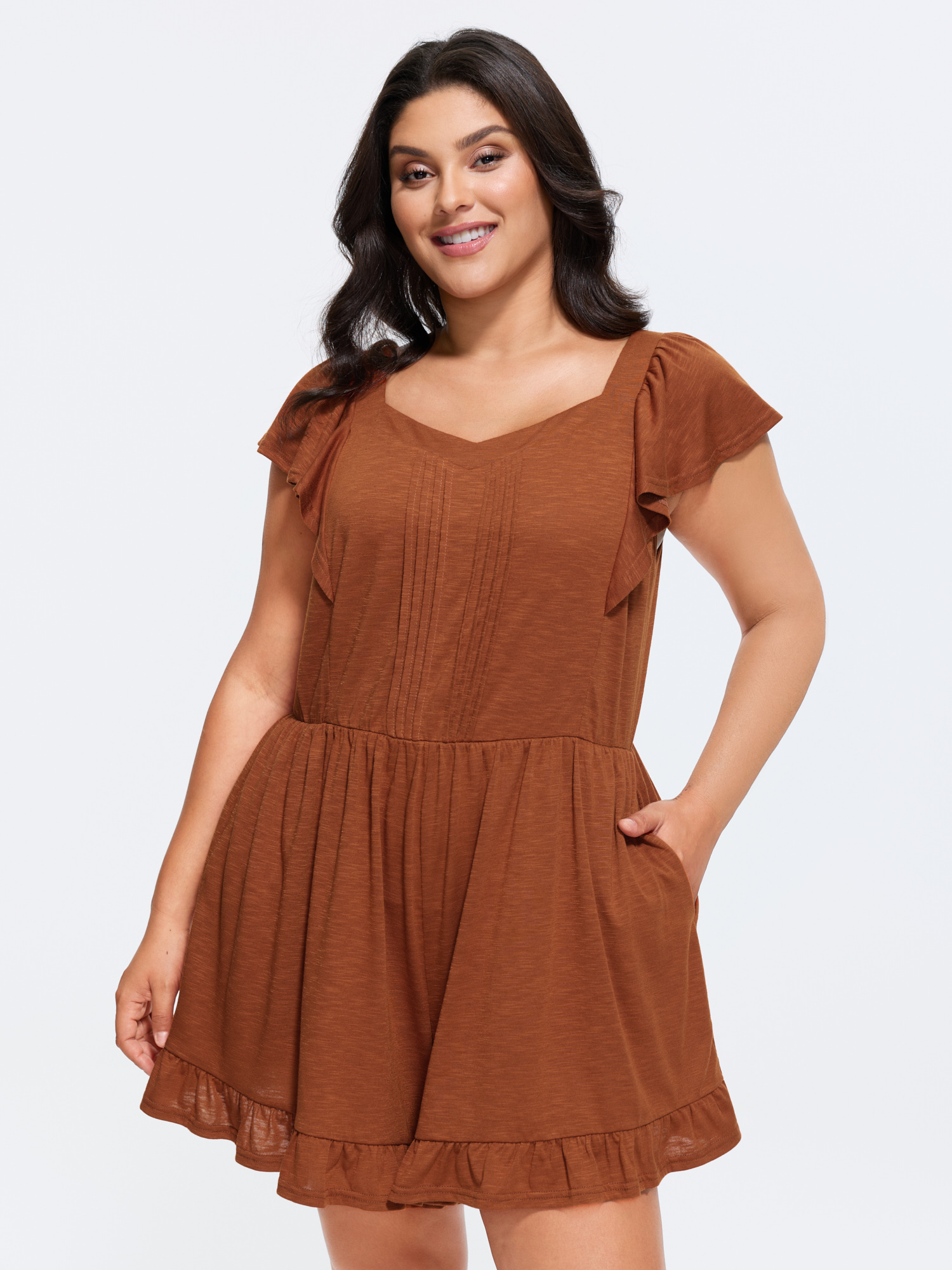 BloomChic Plus Size Stretchy Pleated Ruffle Hem Pocket Romper - Curve Women's Rust Playsuit - Comfort Sleeve Fit Side Pocket Wide leg Jumpsuits 14/M