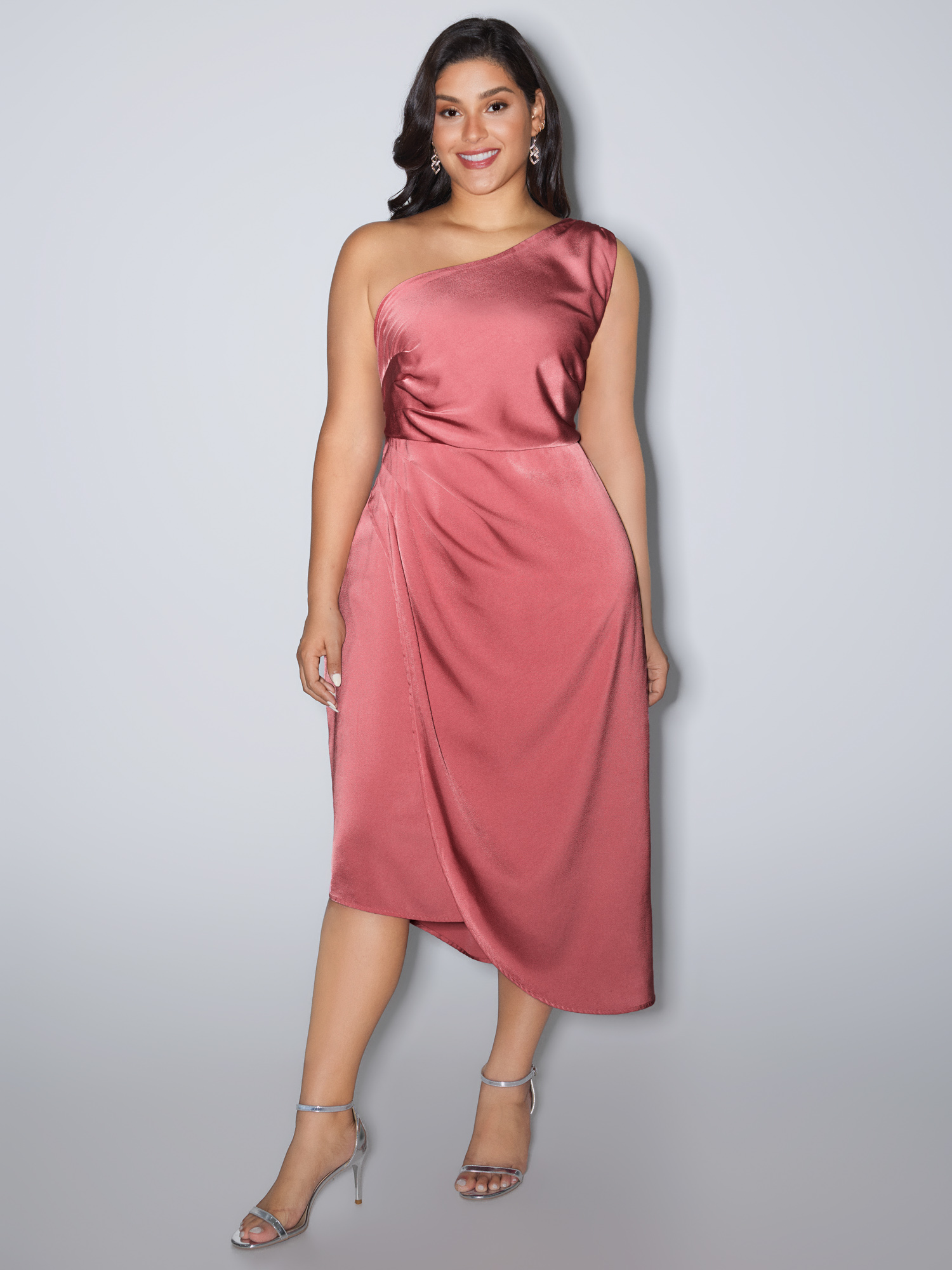 BloomChic Women's Plus Size One-Shoulder Draped Asymmetrical Hem Midi Dress Watermelon Party Maxi Asymmetrical Neckline 28/5X-image-48318461411498
