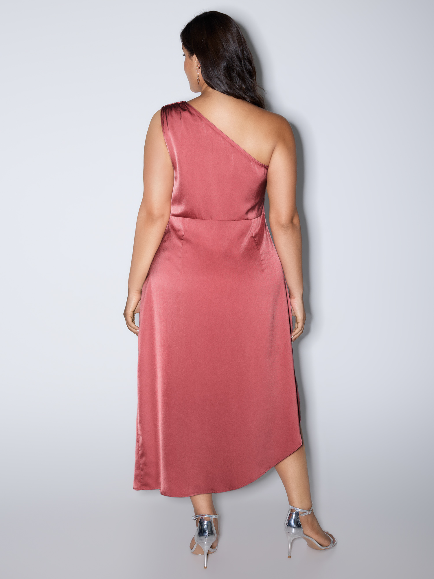 Side view of BloomChic Women's Plus Size One-Shoulder Draped Asymmetrical Hem Midi Dress Watermelon Party Maxi Asymmetrical Neckline 26/4X