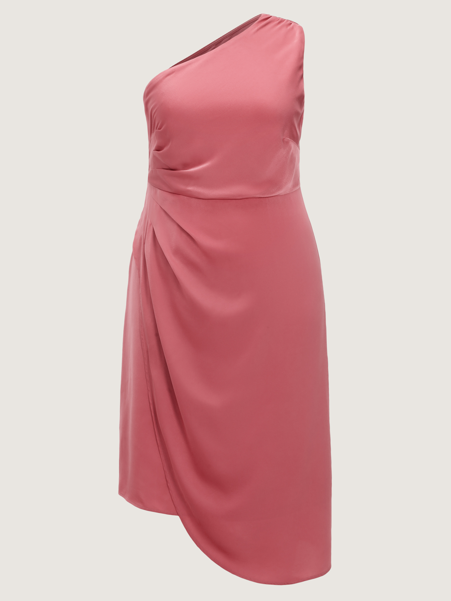 Side view of BloomChic Women's Plus Size One-Shoulder Draped Asymmetrical Hem Midi Dress Watermelon Party Maxi Asymmetrical Neckline 26/4X