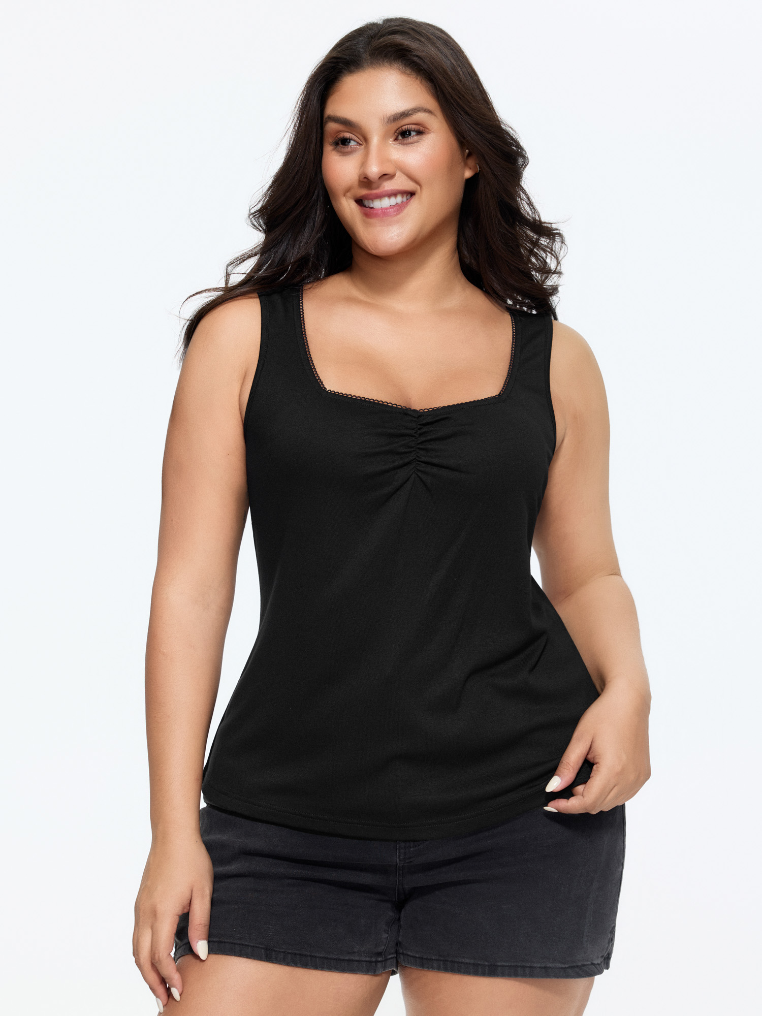 Bloomchic Women's Plus Size Supersoft Scoop Neckline Lace Tank Top Black Casual Fitted Sheath U-neck 12/l
