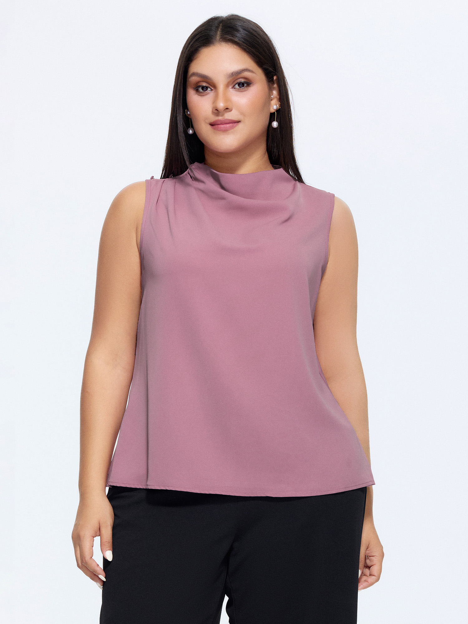 BloomChic Women's Plus Size Draped Mock Neckline Plain Blouse Dirtypink Office A-line Stand Collar 14-16/1X
