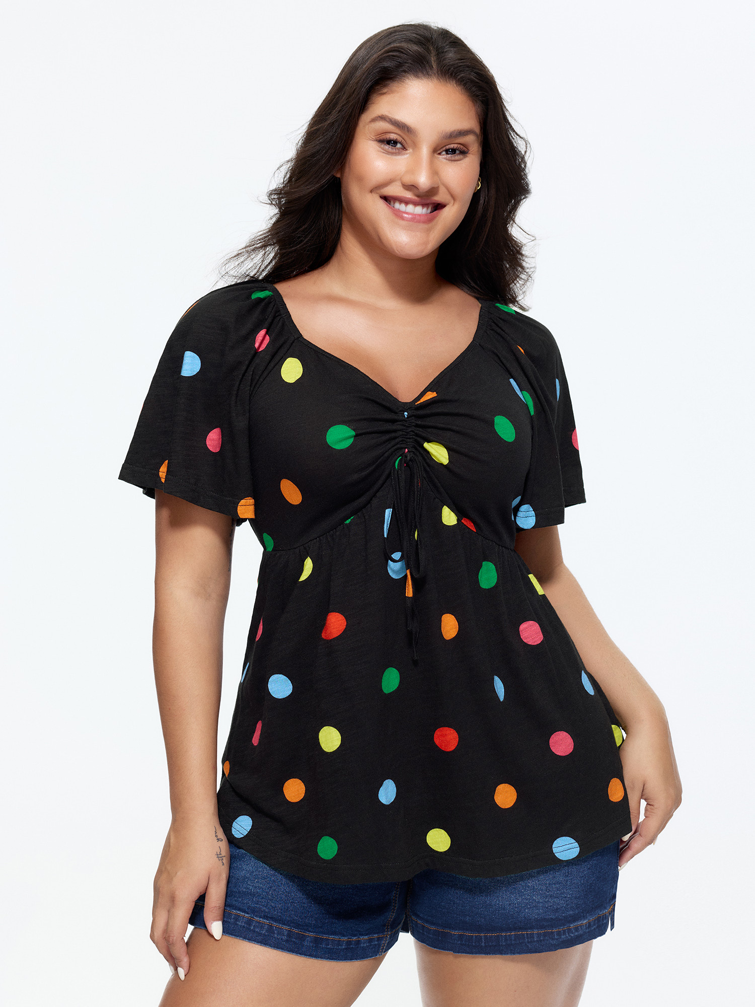BloomChic Women's Plus Size Cotton Stretchy Colorful Dot Print Drawstring Babydoll Top Black Short sleeve Everyday-Casual Sweetheart Neck 22-24/3X