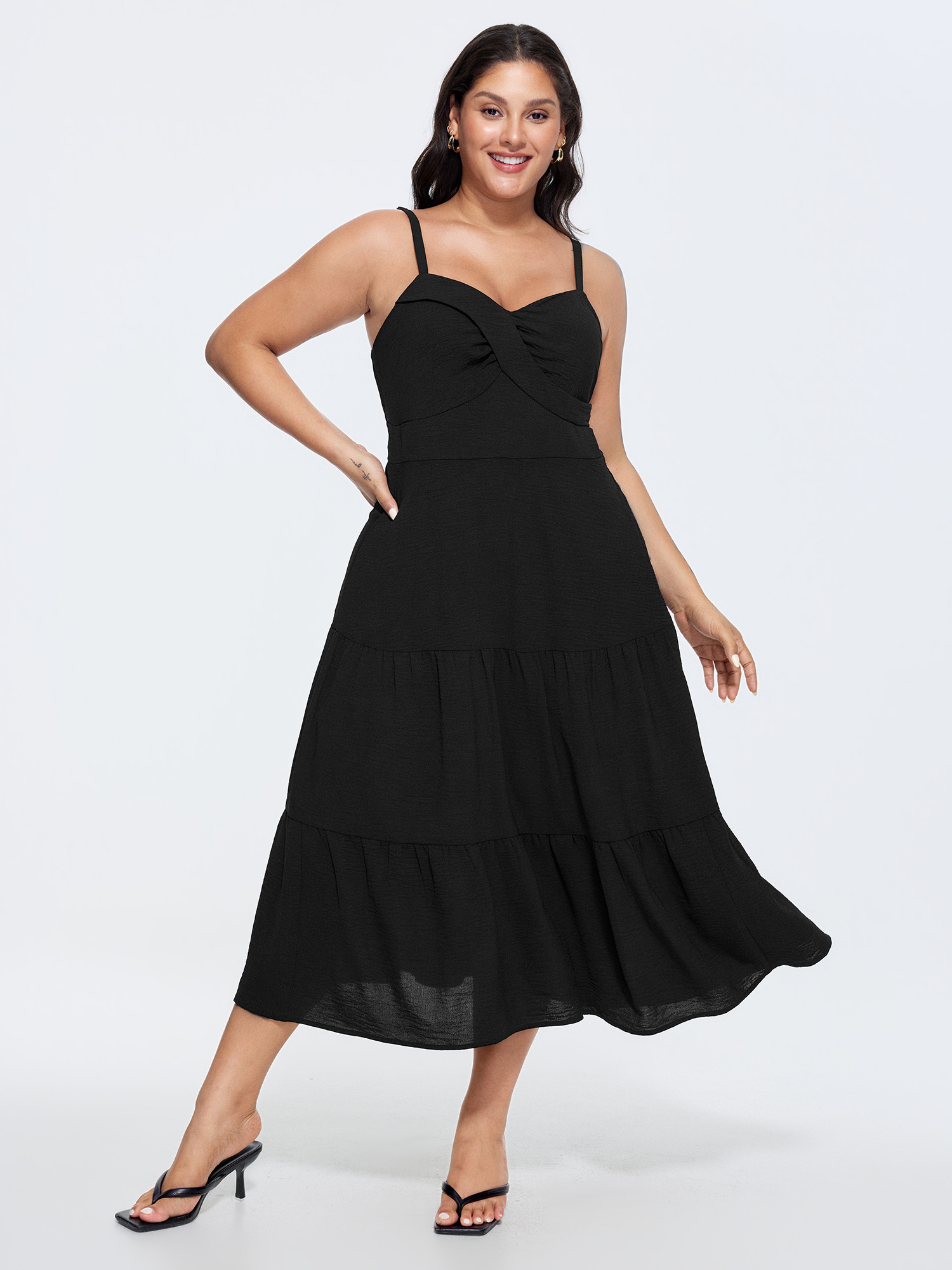 BloomChic Plus Size Twist-Front Ruched Plain Tiered Midi Dress - Curve Ladies Black Elegant Sleeveless Solid Side Pocket Daily Dresses 30/4X