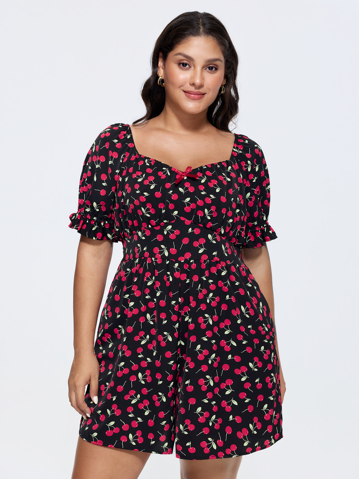 BloomChic Women's Plus Size Cherry Print Puffy Sleeve Lace Romper Black Elegant Fitted 12/L-image-48318781587626