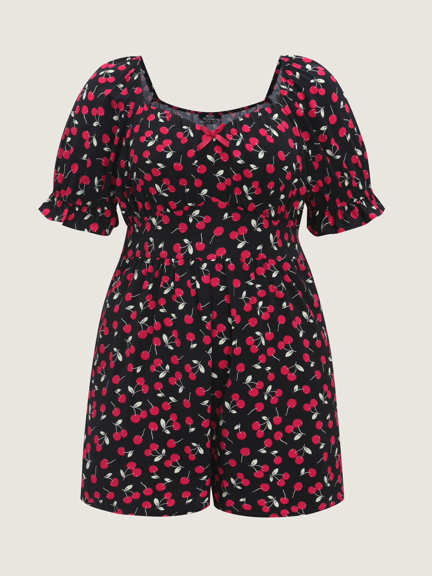 Side view of BloomChic Women's Plus Size Cherry Print Puffy Sleeve Lace Romper Black Elegant Fitted 14-16/1X