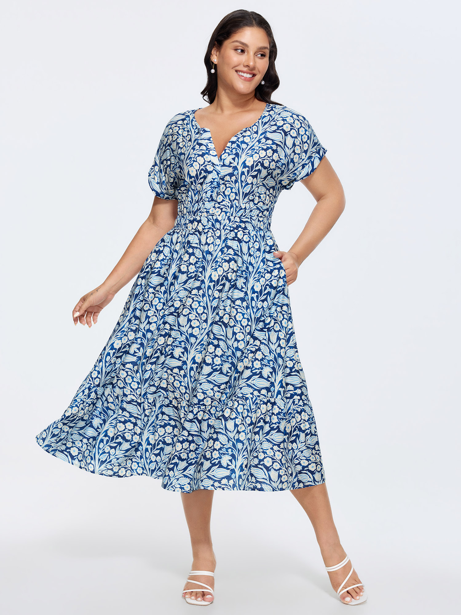 BloomChic Plus Size Floral Print Cinched-Waist Midi Dress - Curve Ladies DarkBlue Elegant Short sleeve Ditsy Floral Side Pocket Daily Dresses 14/M
