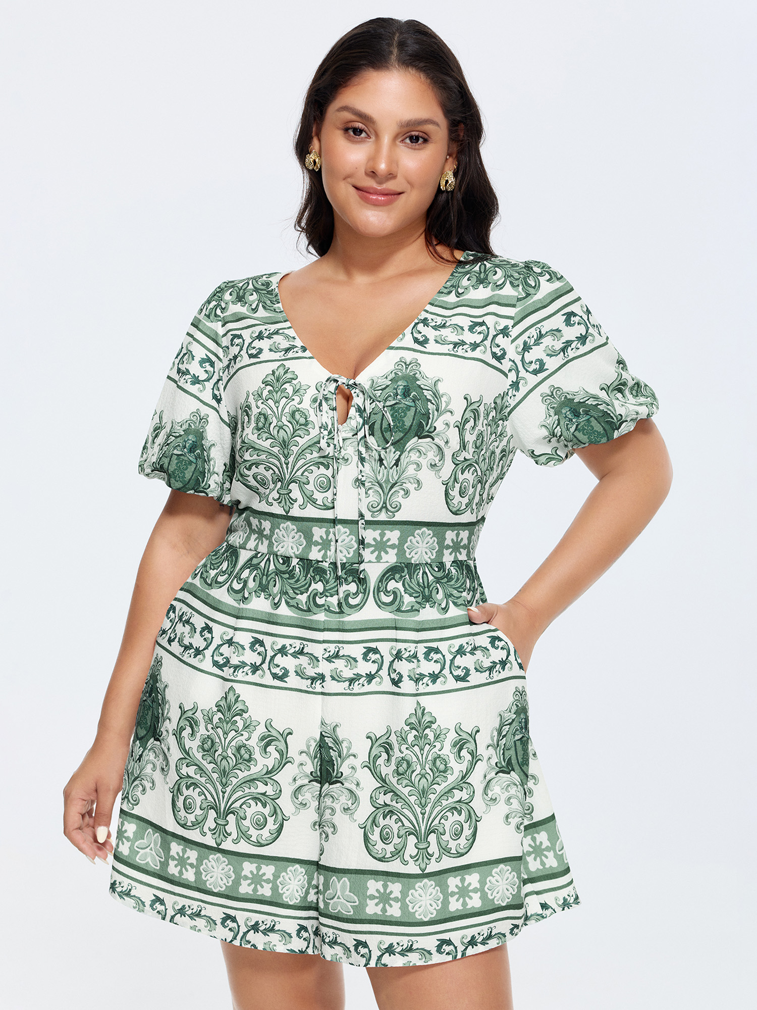 BloomChic Women's Plus Size Paisley Print Pockets Wide-Leg Romper Teal Elegant Fitted 22-24/3X-image-48318782275754