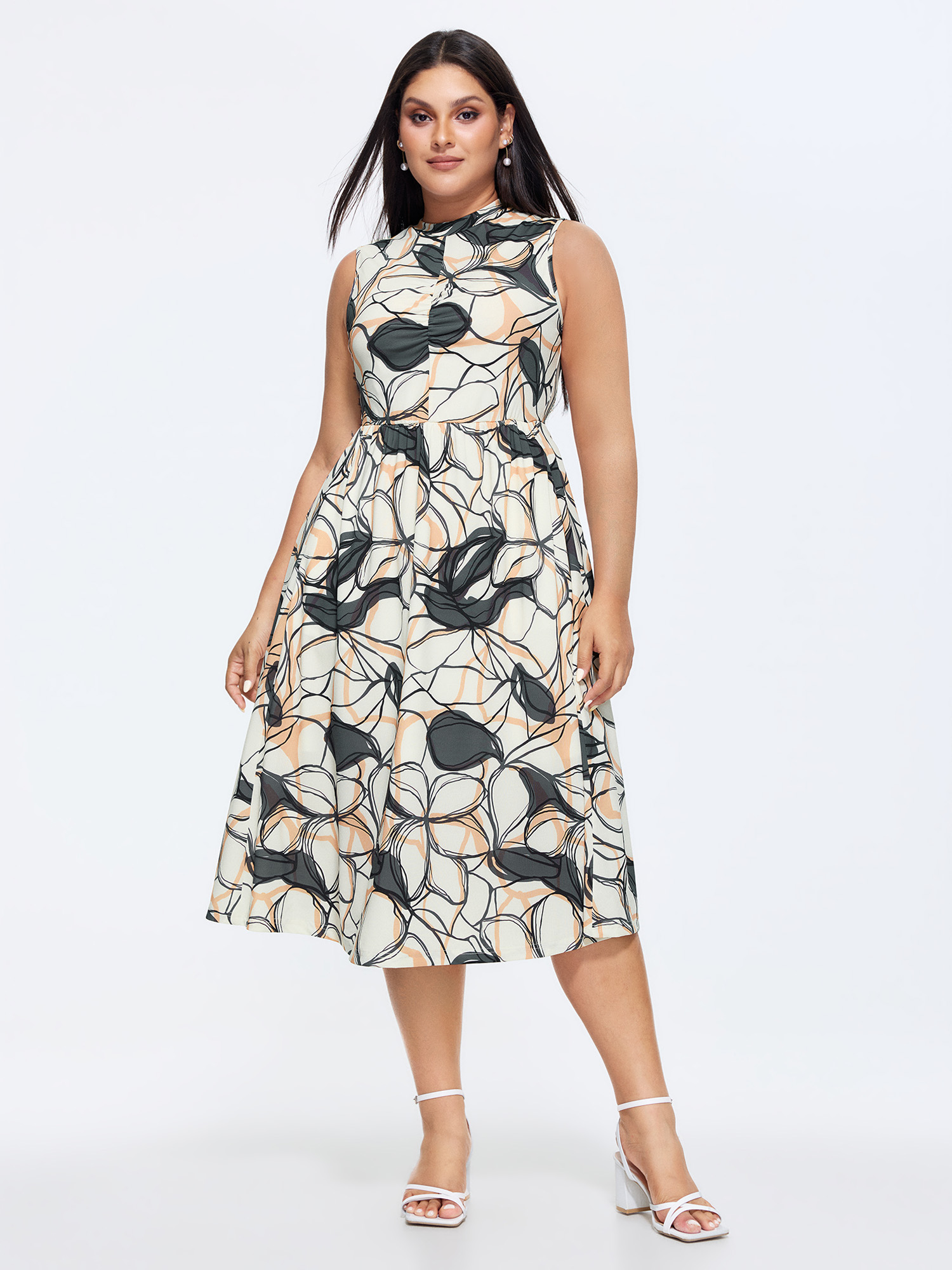 BloomChic Women's Plus Size Floral Geometric Print Ruched Pockets Midi Dress Ivory Art Print Midi Office Smocked 10/M