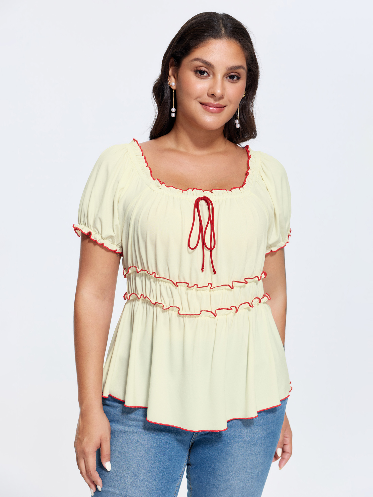 BloomChic Women's Plus Size Color Contrast Edges Plain Knit Top Ivory Short sleeve Everyday-Elegant Square Neck 12/L