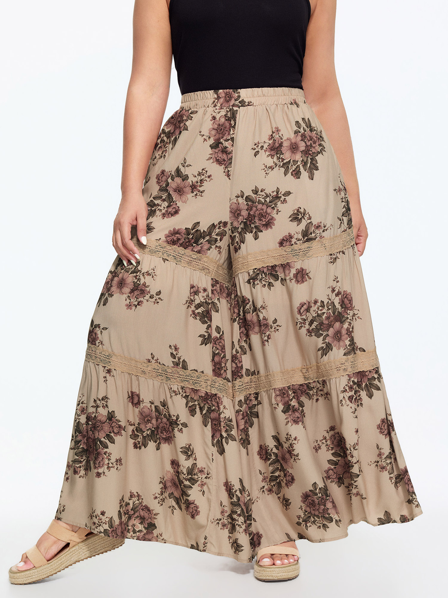 BloomChic Women's Plus Size Floral Print Tiered Lace Trim Pants Champagne Floral Wide leg Mid Rise 14-16/1X