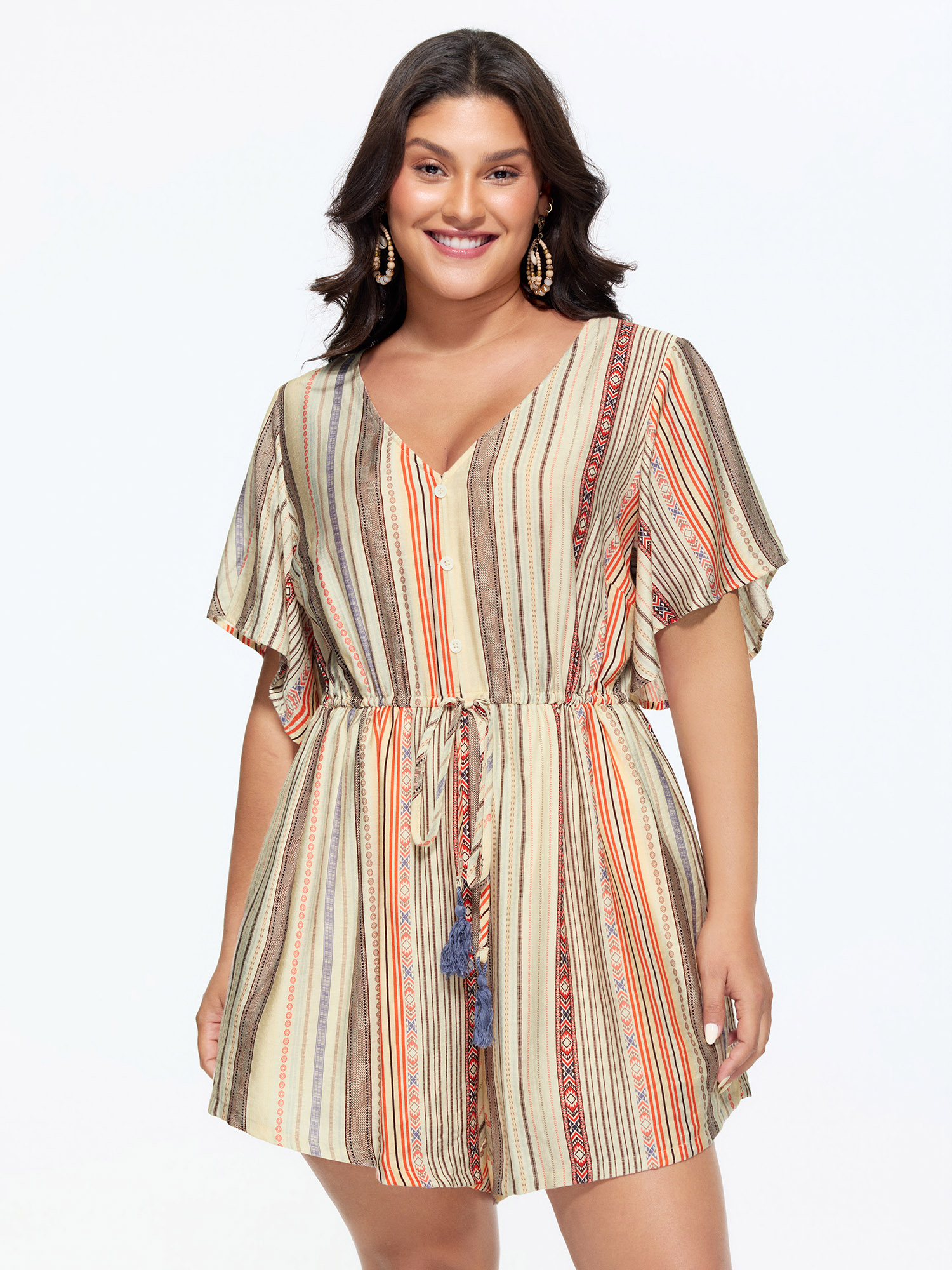 BloomChic Women's Plus Size Colorful Striped Print Waist-Tie Romper Multicolor Vacation 30/6X-image-48318781194410