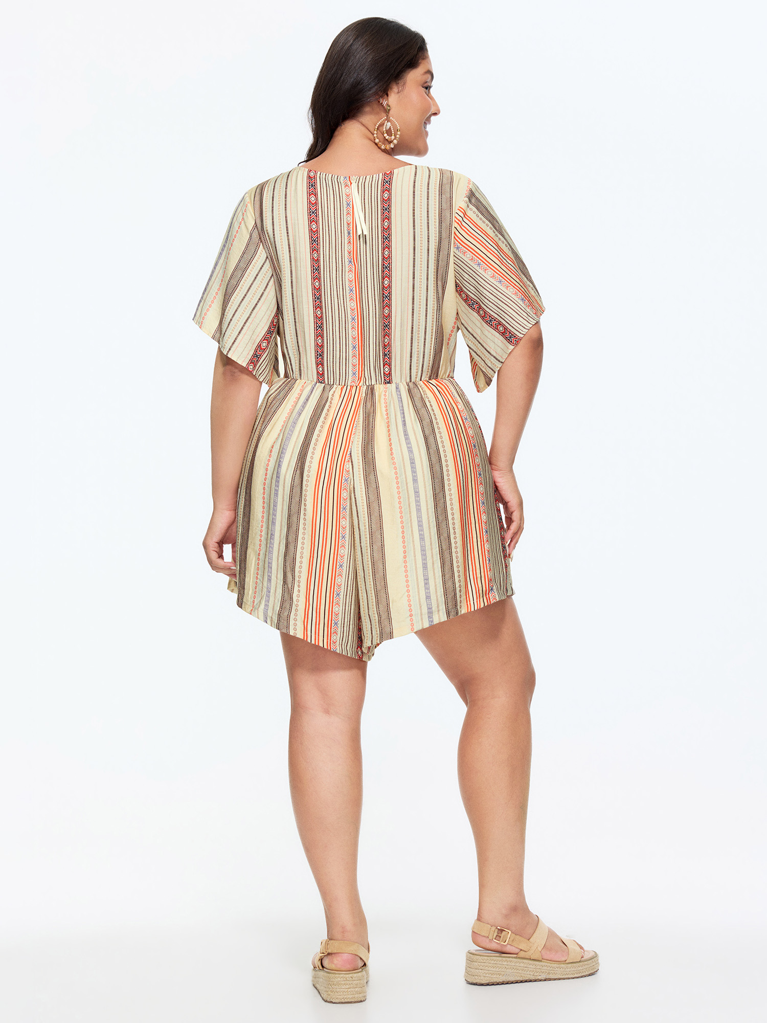 Side view of BloomChic Women's Plus Size Colorful Striped Print Waist-Tie Romper Multicolor Vacation 22-24/3X