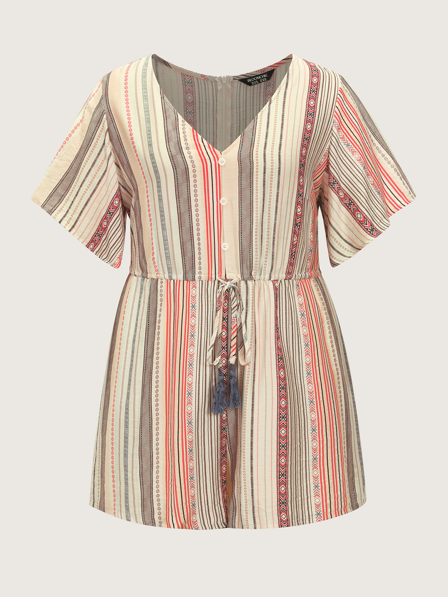 Side view of BloomChic Women's Plus Size Colorful Striped Print Waist-Tie Romper Multicolor Vacation 22-24/3X