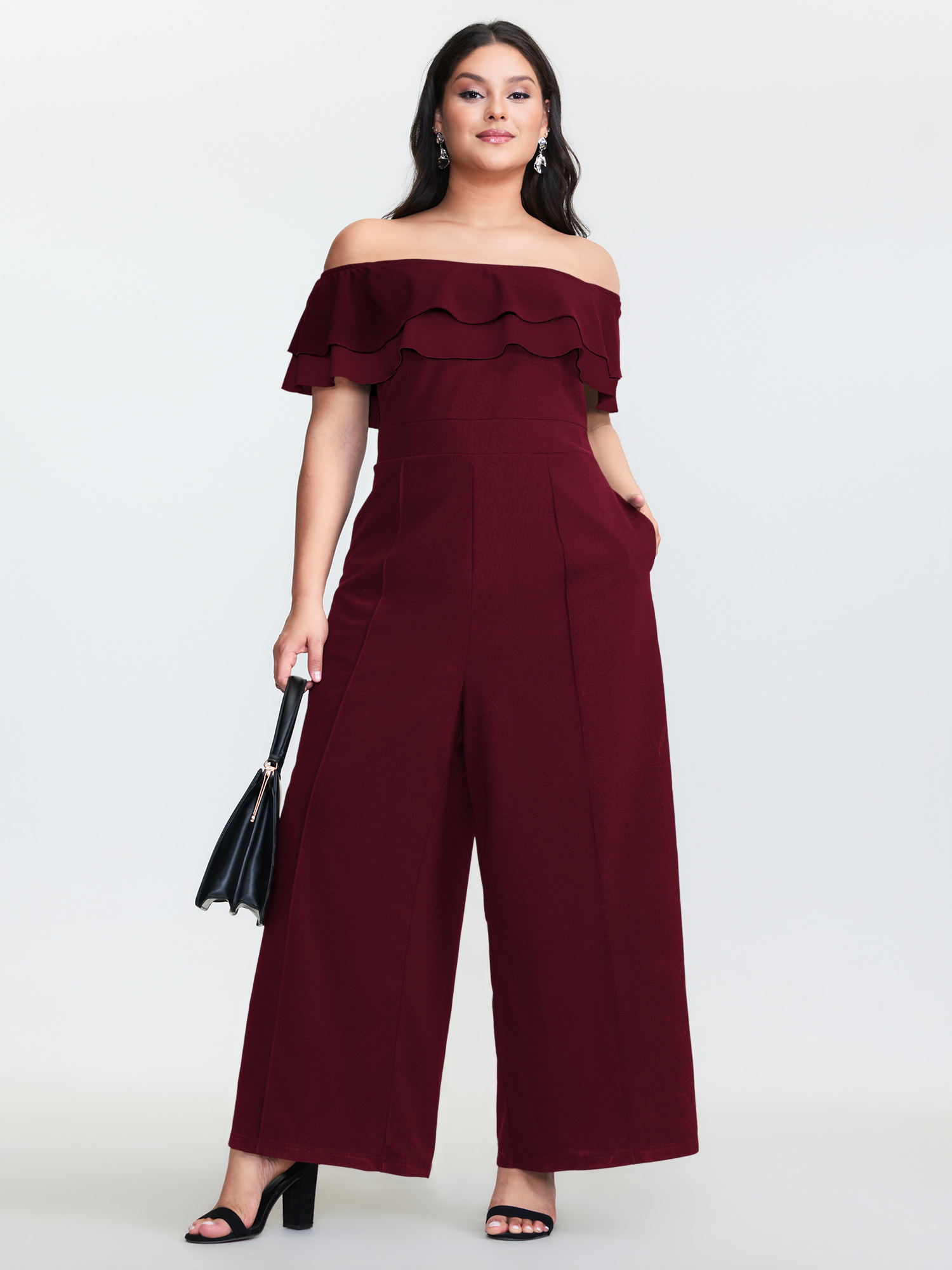 BloomChic Women's Plus Size Off-Shoulder Lotus Leaf Neckline Jumpsuit Deepred Elegant Fitted 22-24/3X-image-48392023408810