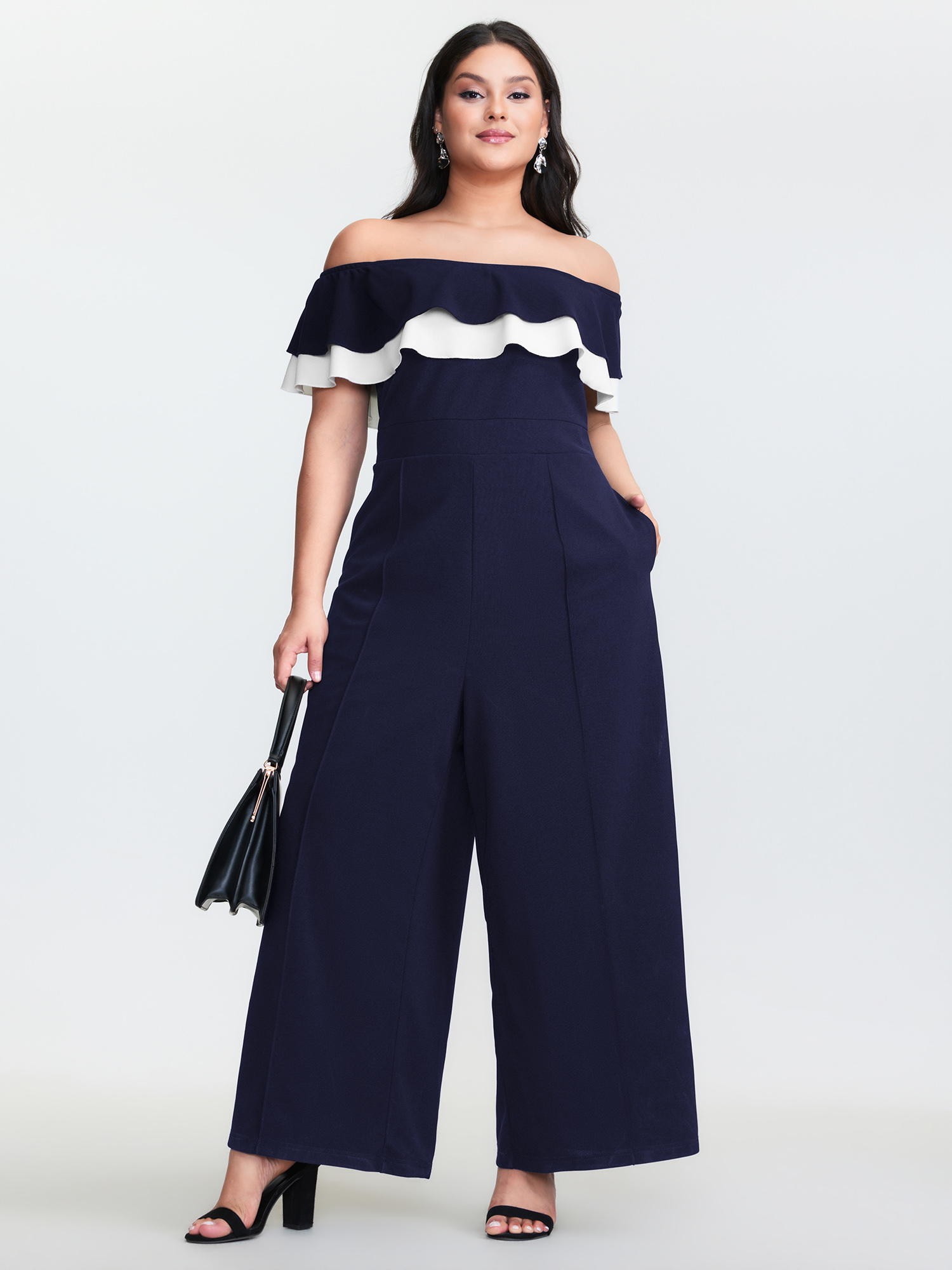 Bloomchic Off-shoulder Lotus Leaf Neckline Jumpsuit In Multi