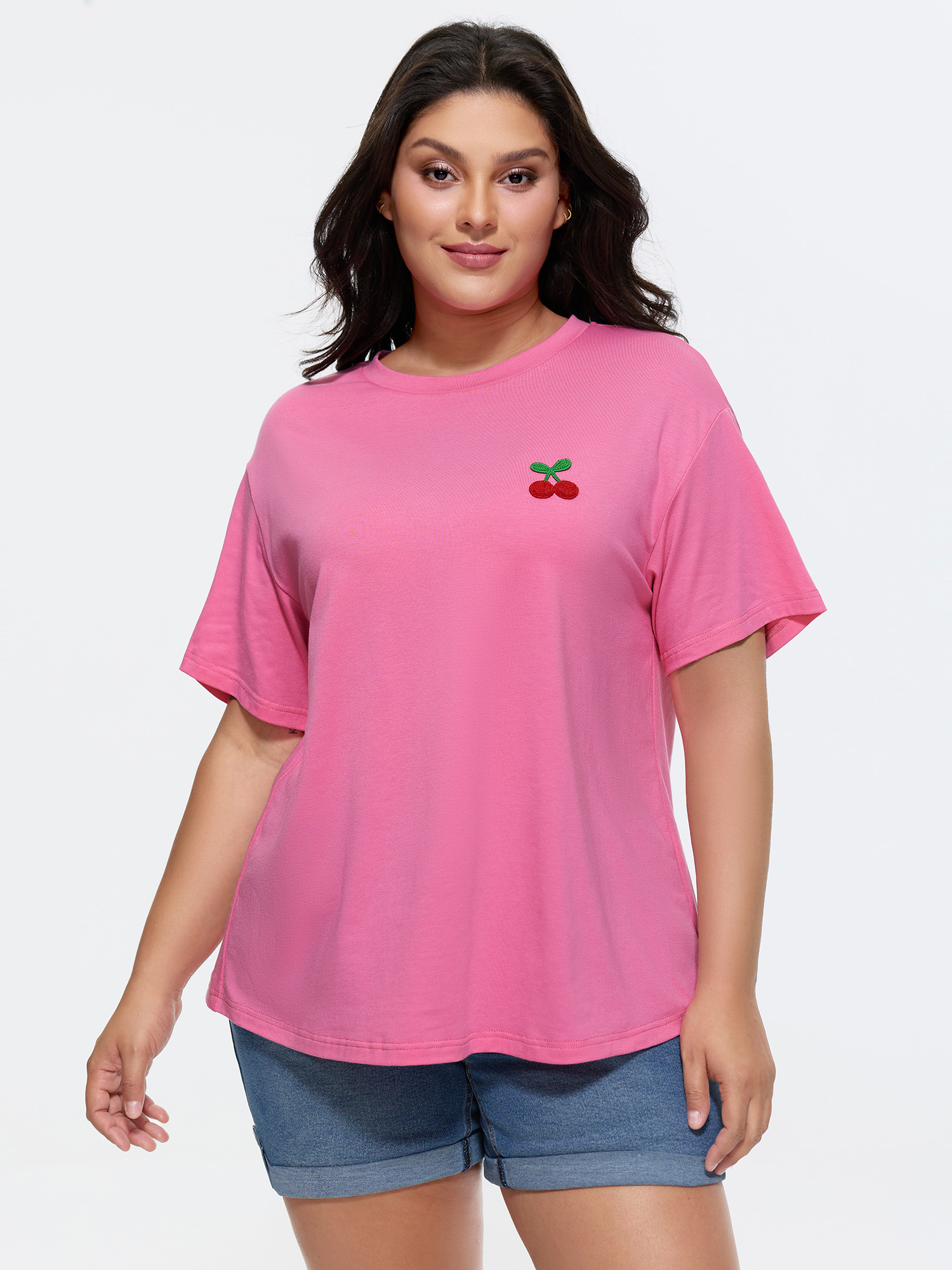 BloomChic Women's Plus Size Supersoft Cherry Cute Relaxed-Fit T-Shirt Peach Solid Everyday-Casual Short sleeve Round Neck 10/M