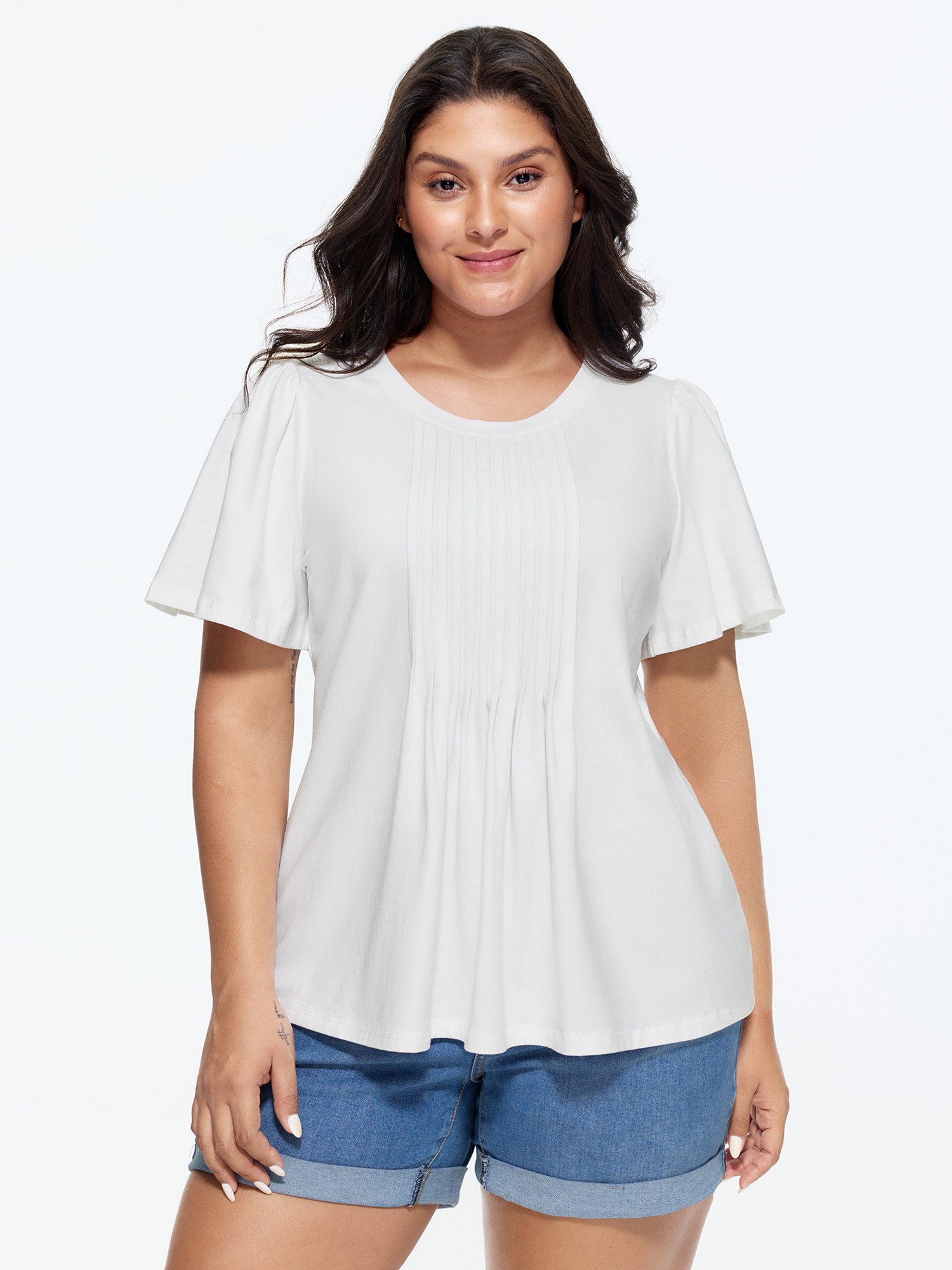 BloomChic Women's Plus Size Cotton Toothpick Pleated Plain Flared Sleeve T-Shirt WhiteSmoke Solid Everyday-Casual Short sleeve Round Neck 26/4X