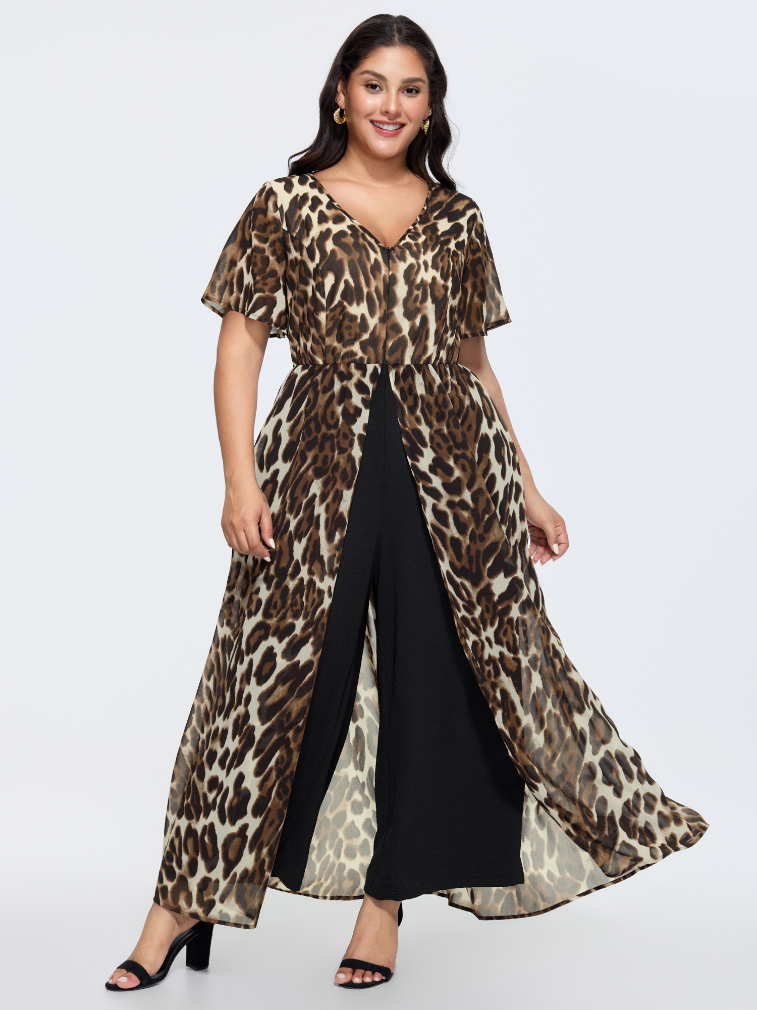 BloomChic Women's Plus Size Hidden Zipper Leopard Layered Pockets Jumpsuit Leopard Elegant 12/L-image-48346305003690