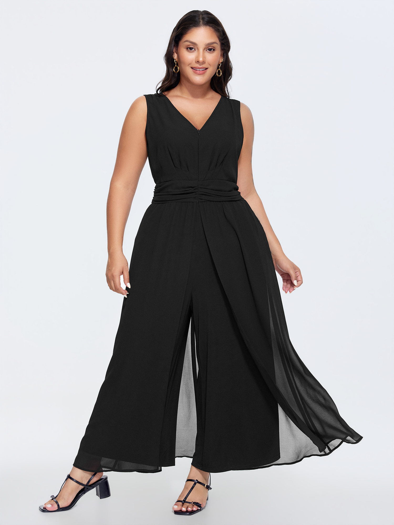 BloomChic Women's Plus Size Layered Mesh Flowy Jumpsuit Black Elegant Fitted 26/4X-image-48333250887850