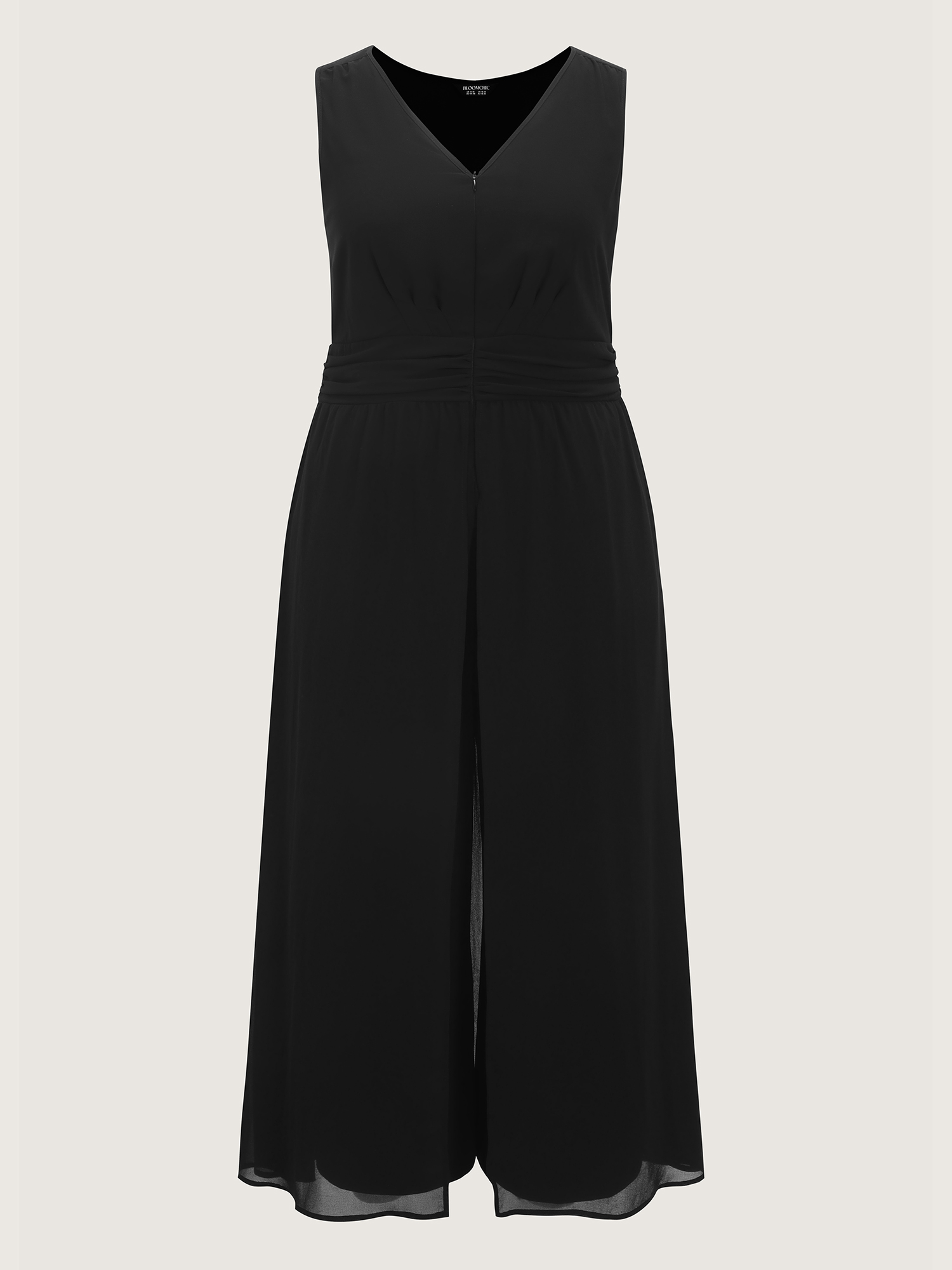 Side view of BloomChic Women's Plus Size Layered Mesh Flowy Jumpsuit Black Elegant Fitted 12/L