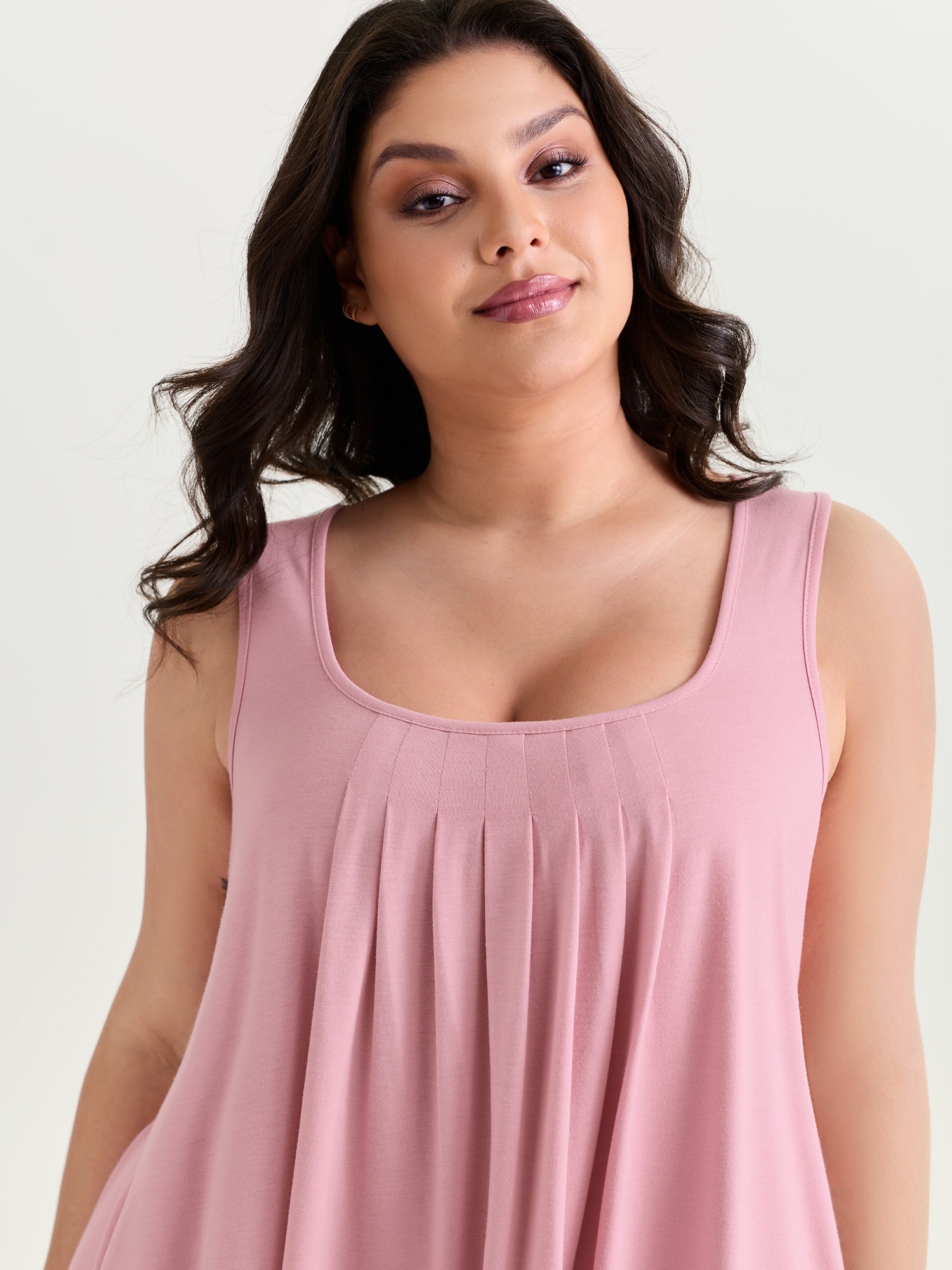 Side view of BloomChic Women's Plus Size Supersoft Stretchy Pleated Flowy Lounge Dress Blush cropped 14-16/1X