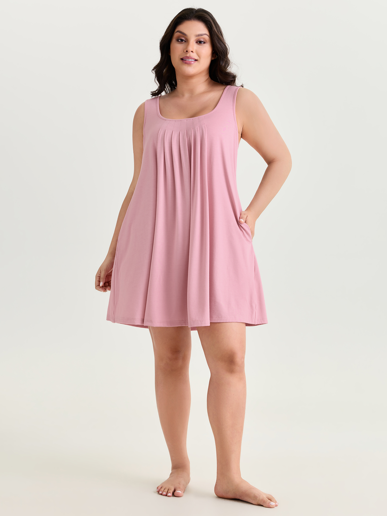 Side view of BloomChic Women's Plus Size Supersoft Stretchy Pleated Flowy Lounge Dress Blush cropped 14-16/1X